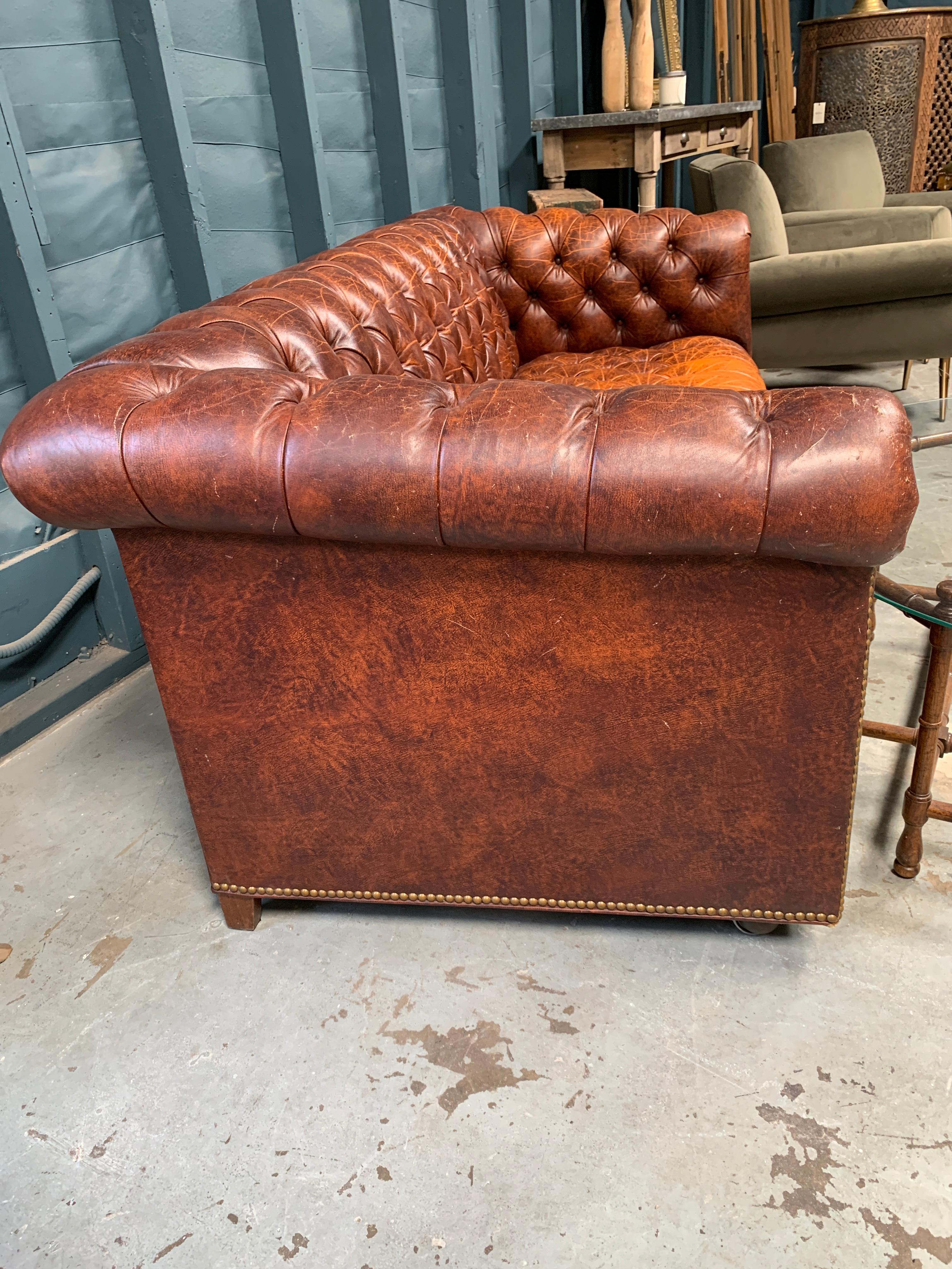 Vintage Cognac Leather Chesterfield Sofa with Tufted Seat In Good Condition In Los Angeles, CA