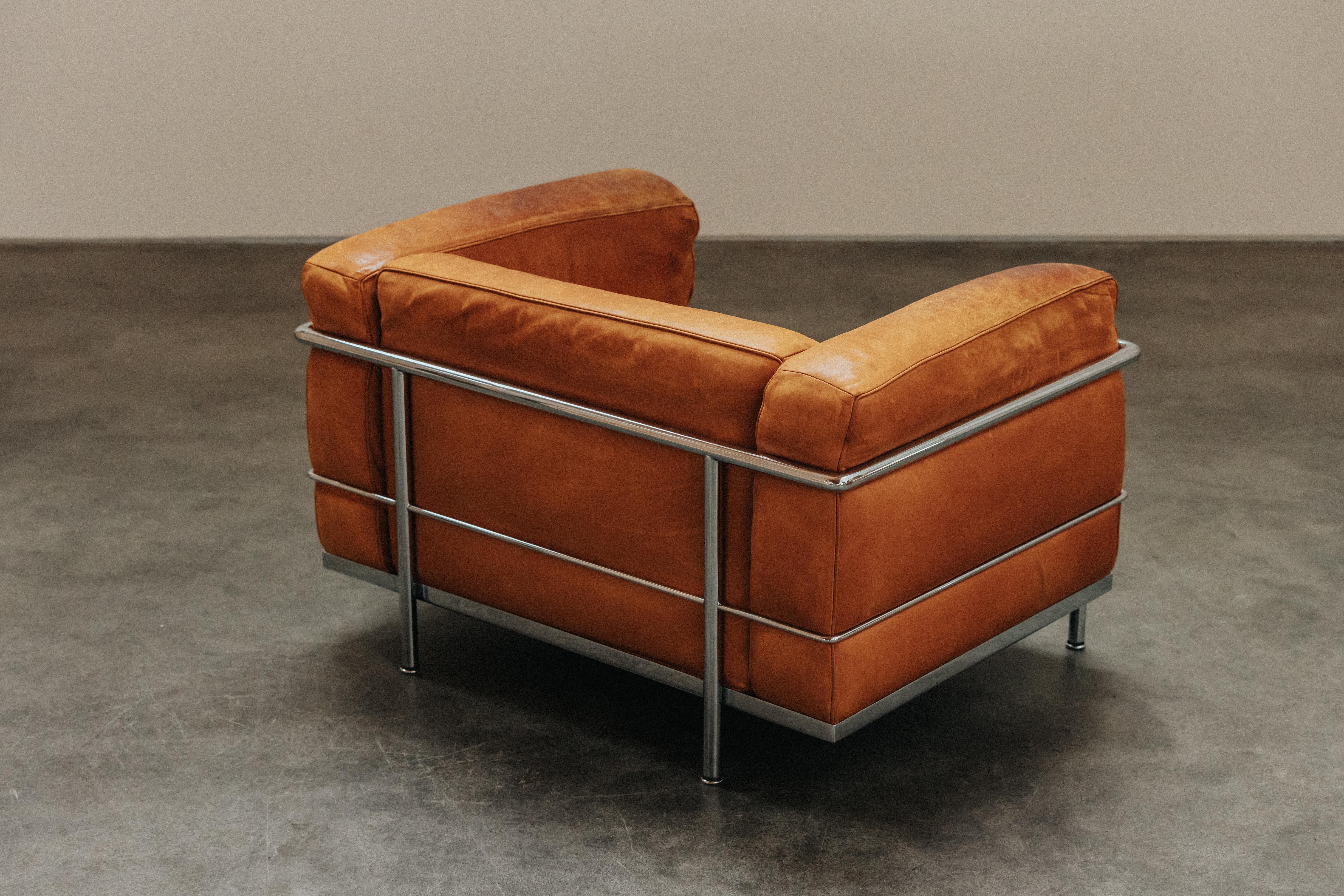 European Vintage Cognac Leather Lounge Chair From France, Circa 1970