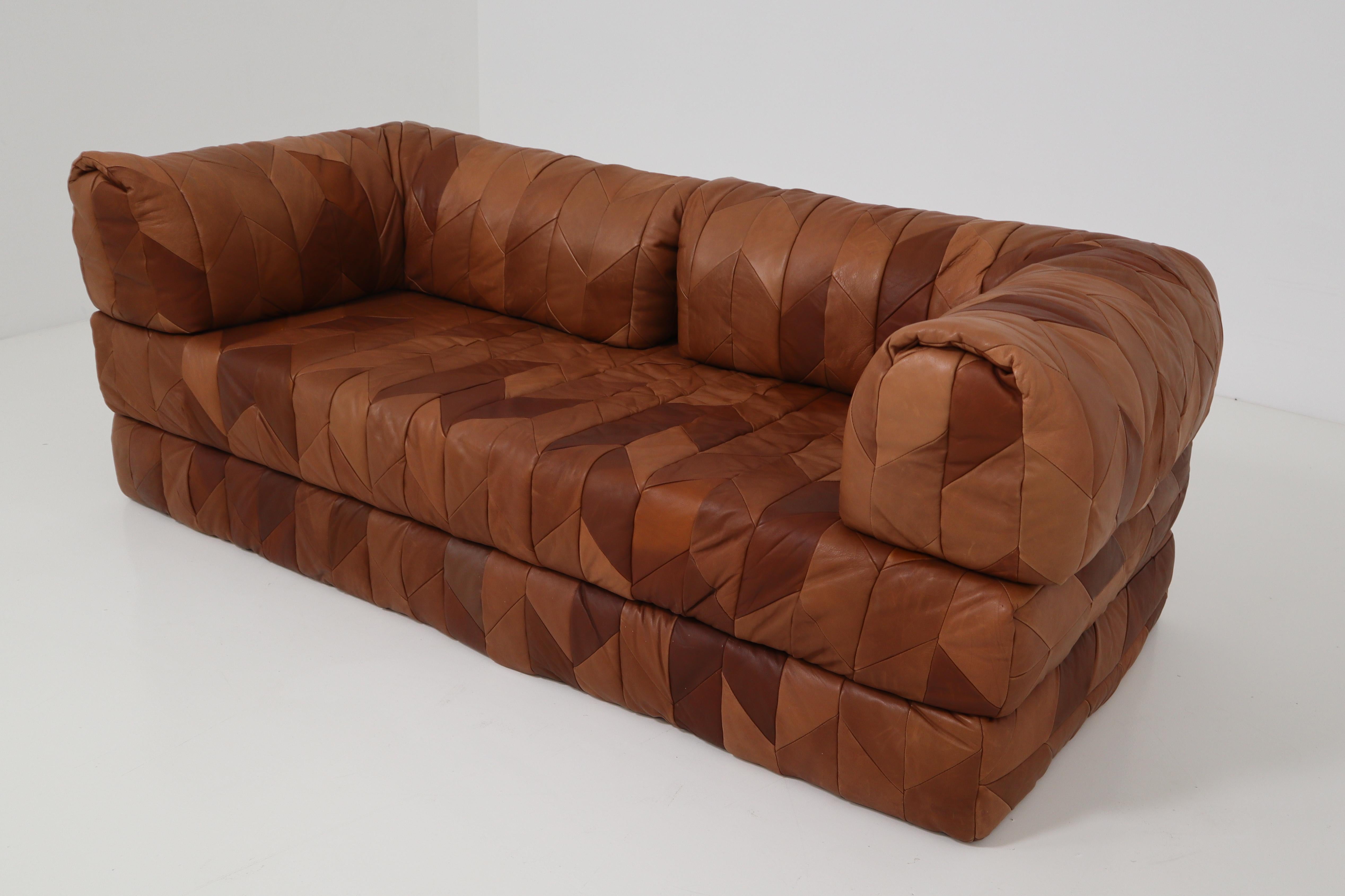 European Vintage Cognac Leather Patchwork Daybed and Sofa