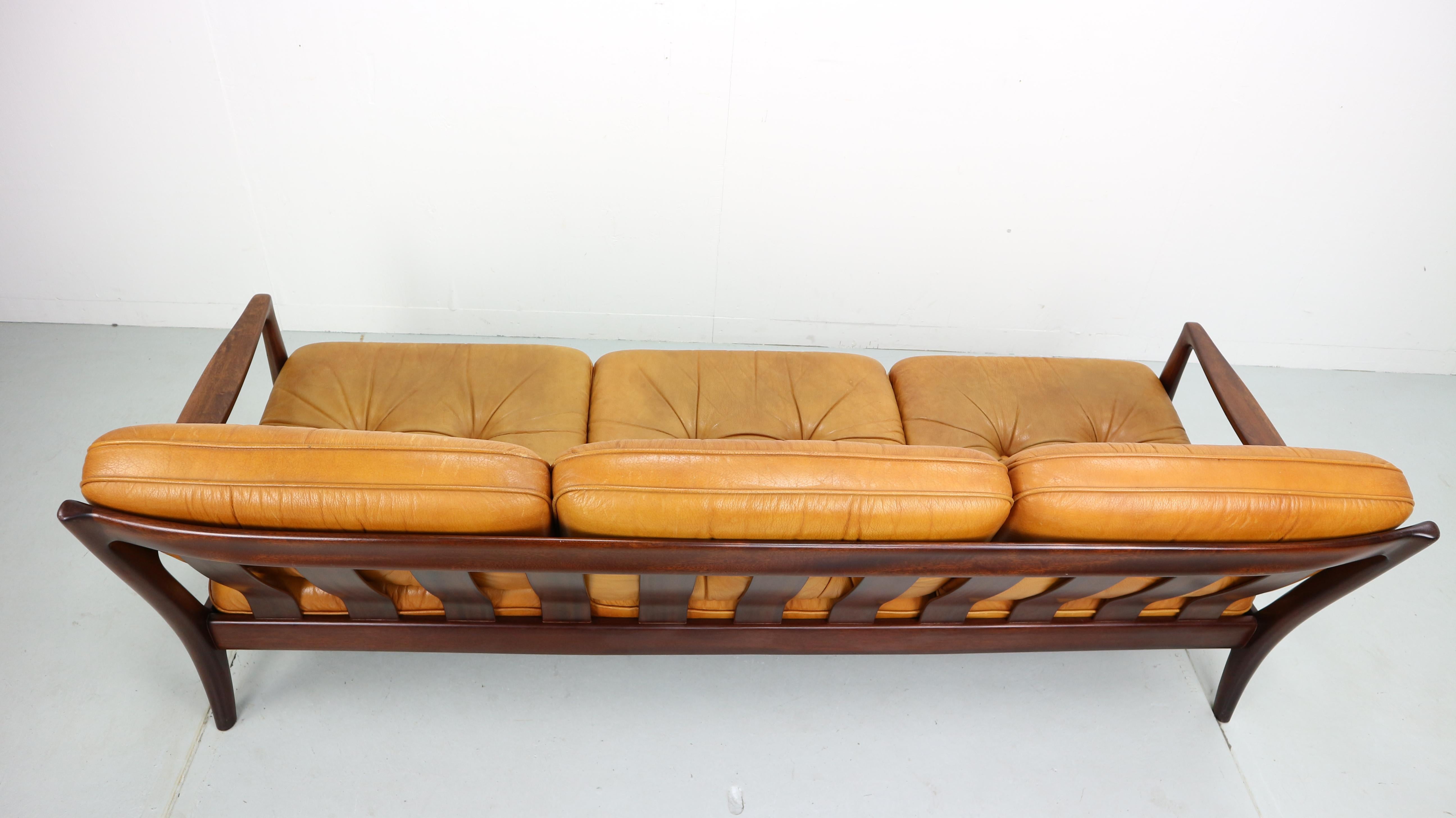 Vintage Cognac Leather Three-Seat Sofa, 1960s 4