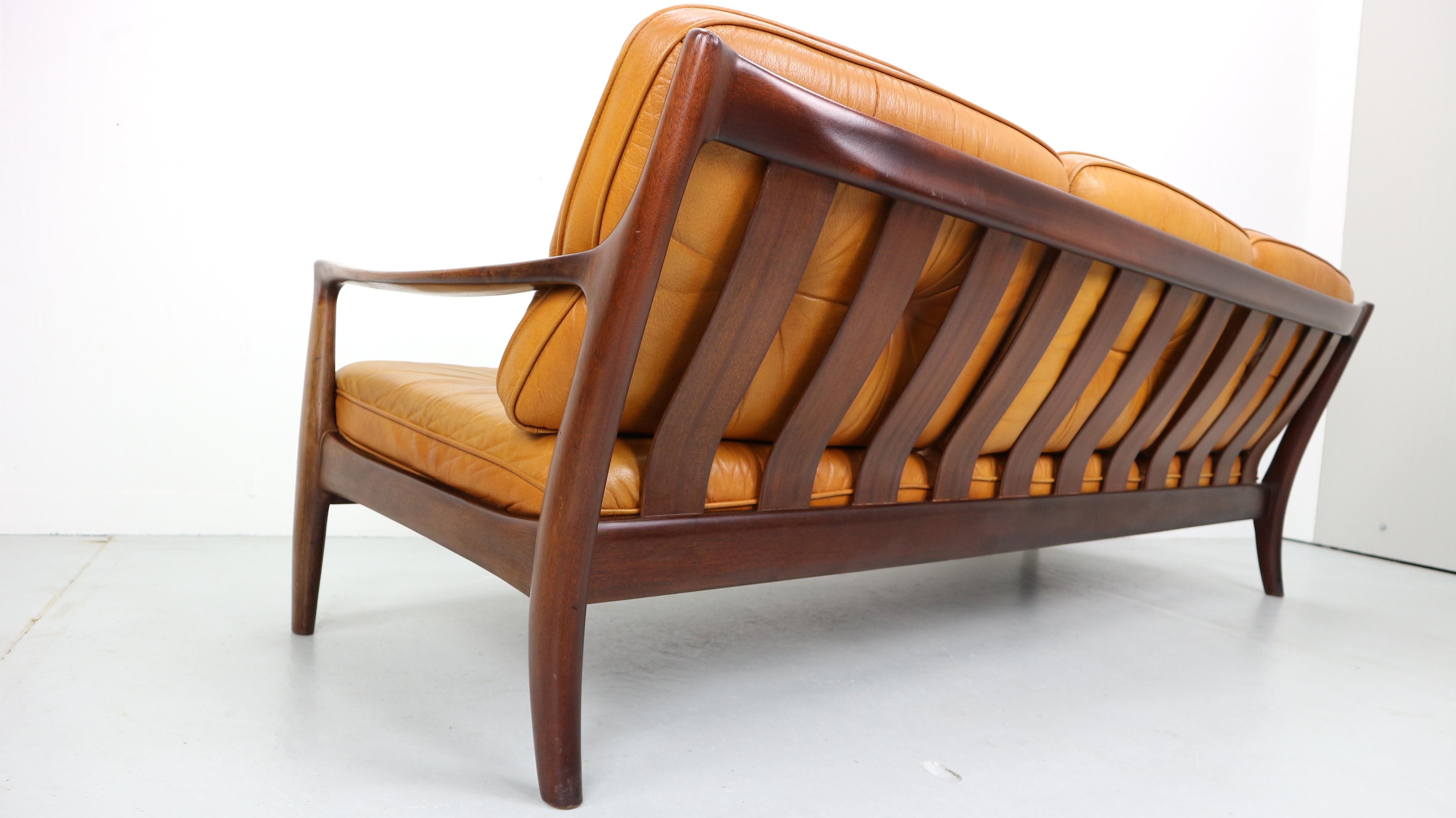 Vintage Cognac Leather Three-Seat Sofa, 1960s 5