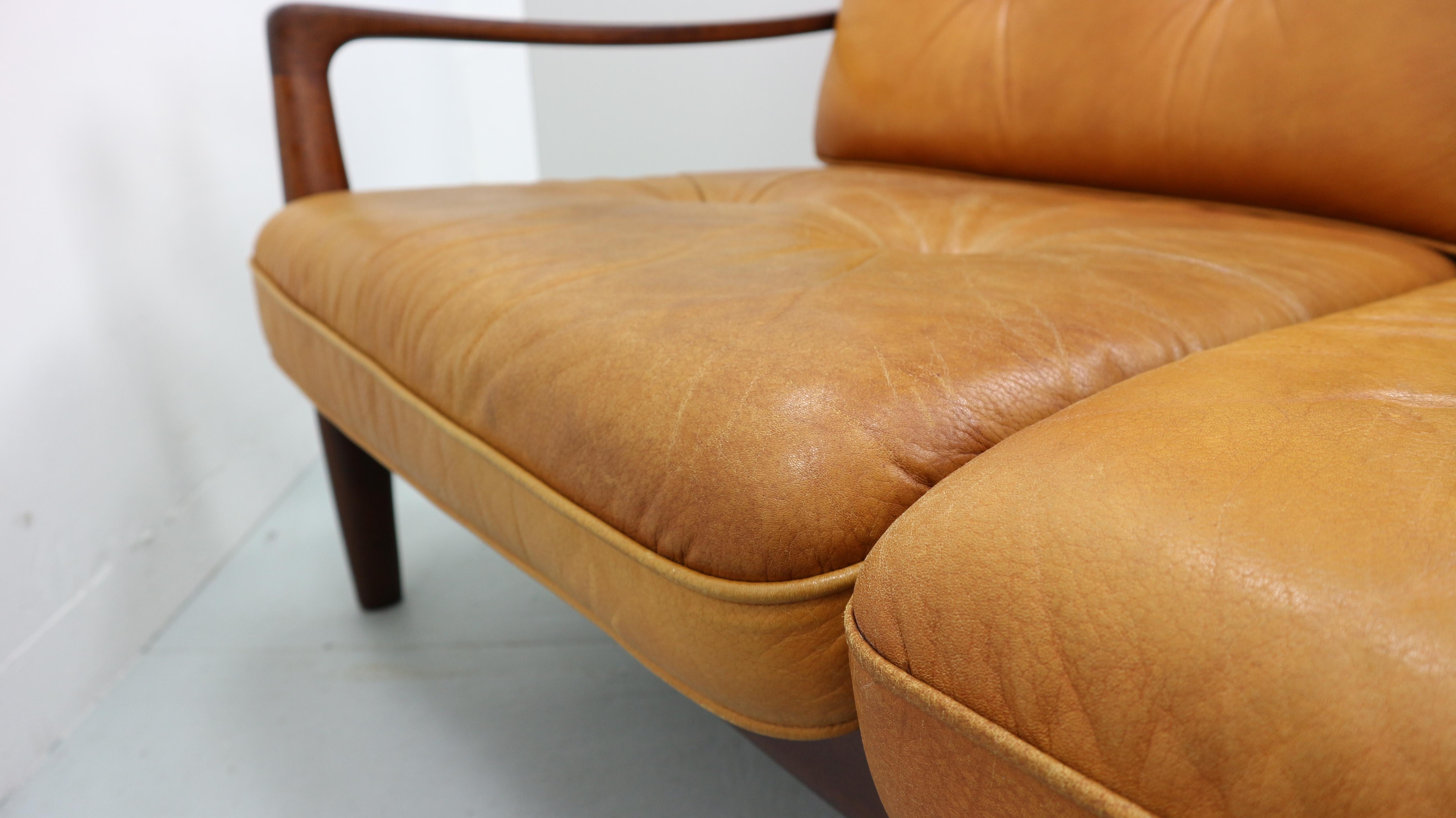 Vintage Cognac Leather Three-Seat Sofa, 1960s 12