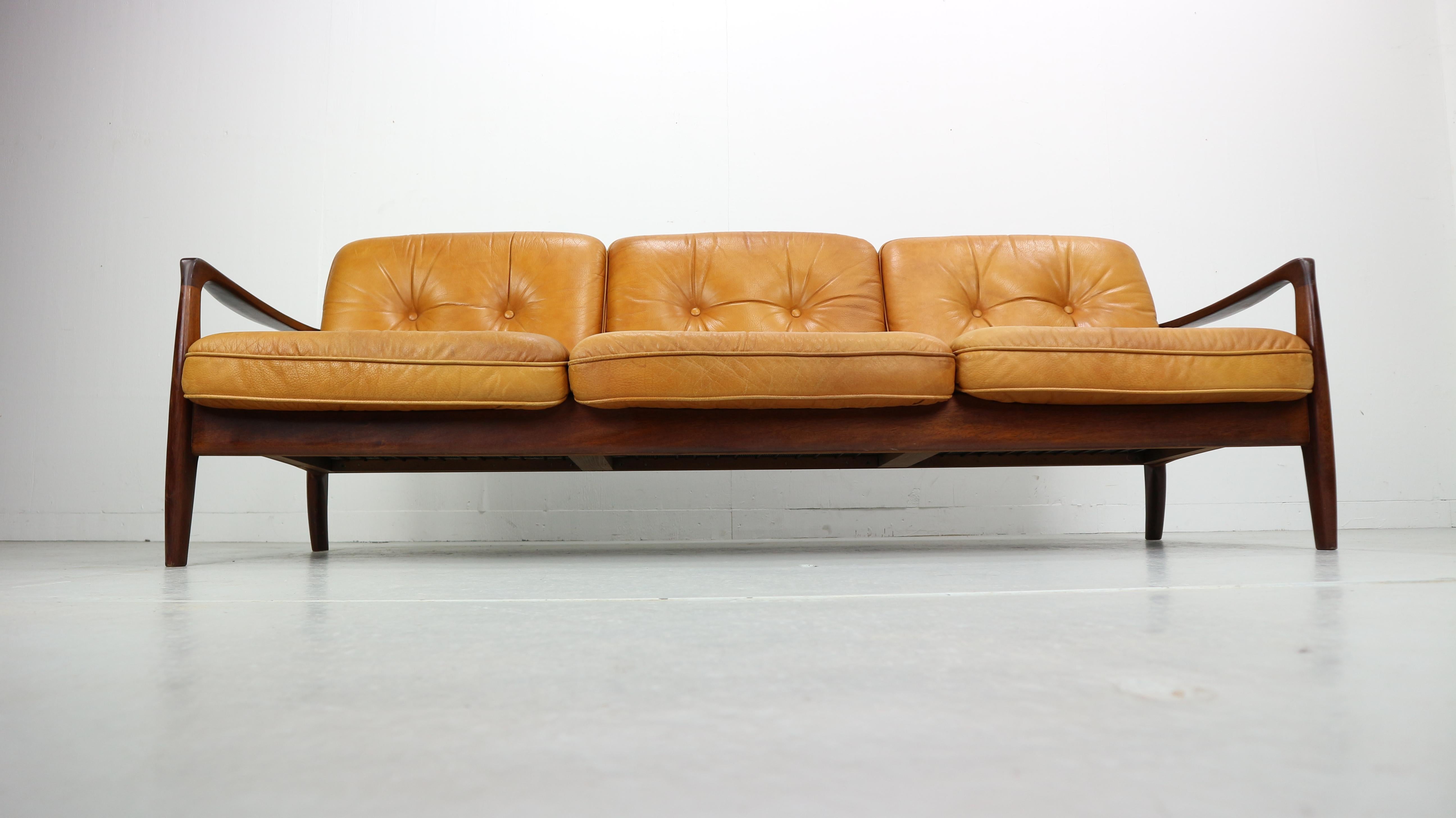 Mid-Century Modern Vintage Cognac Leather Three-Seat Sofa, 1960s