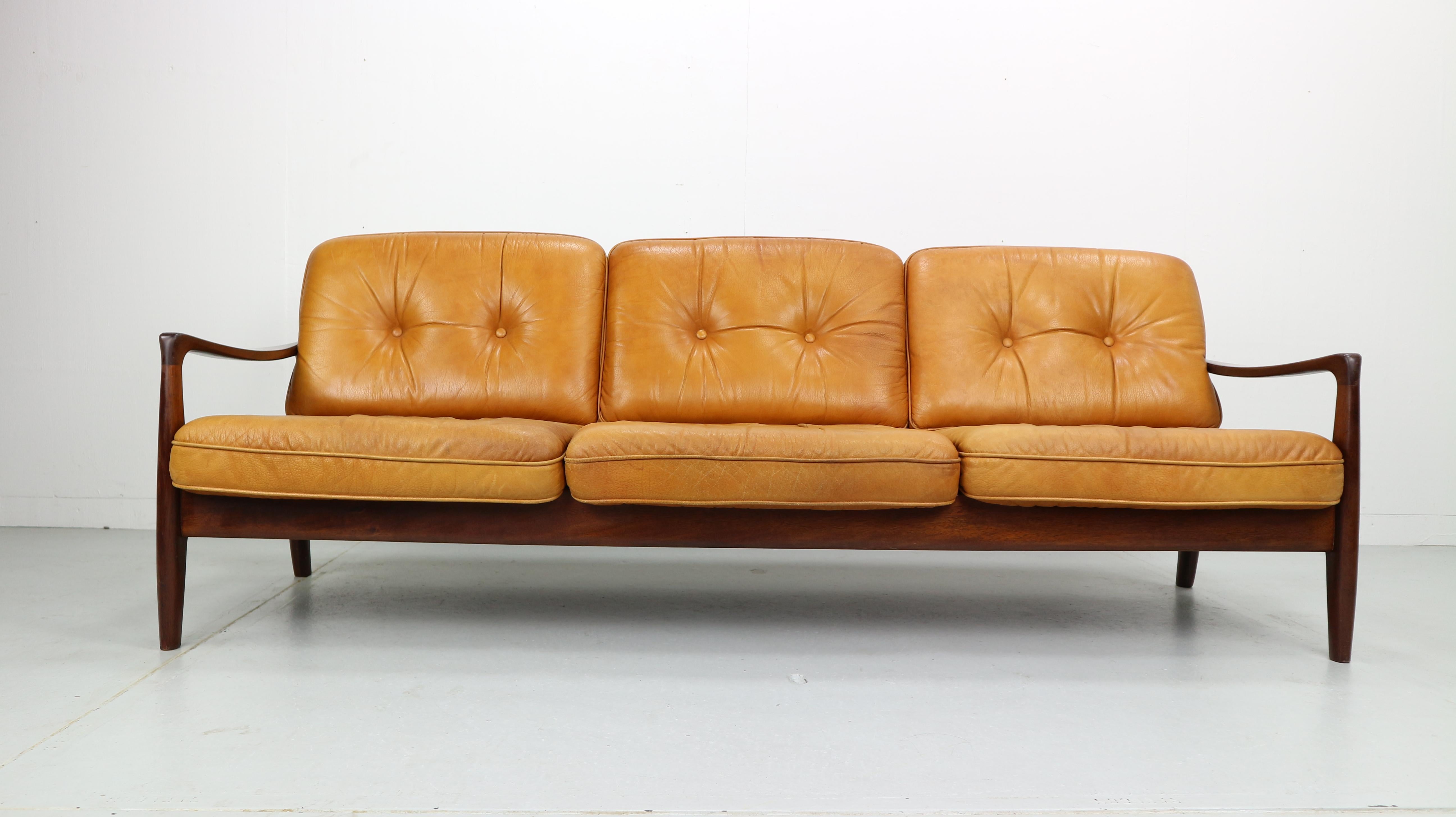 Danish Vintage Cognac Leather Three-Seat Sofa, 1960s