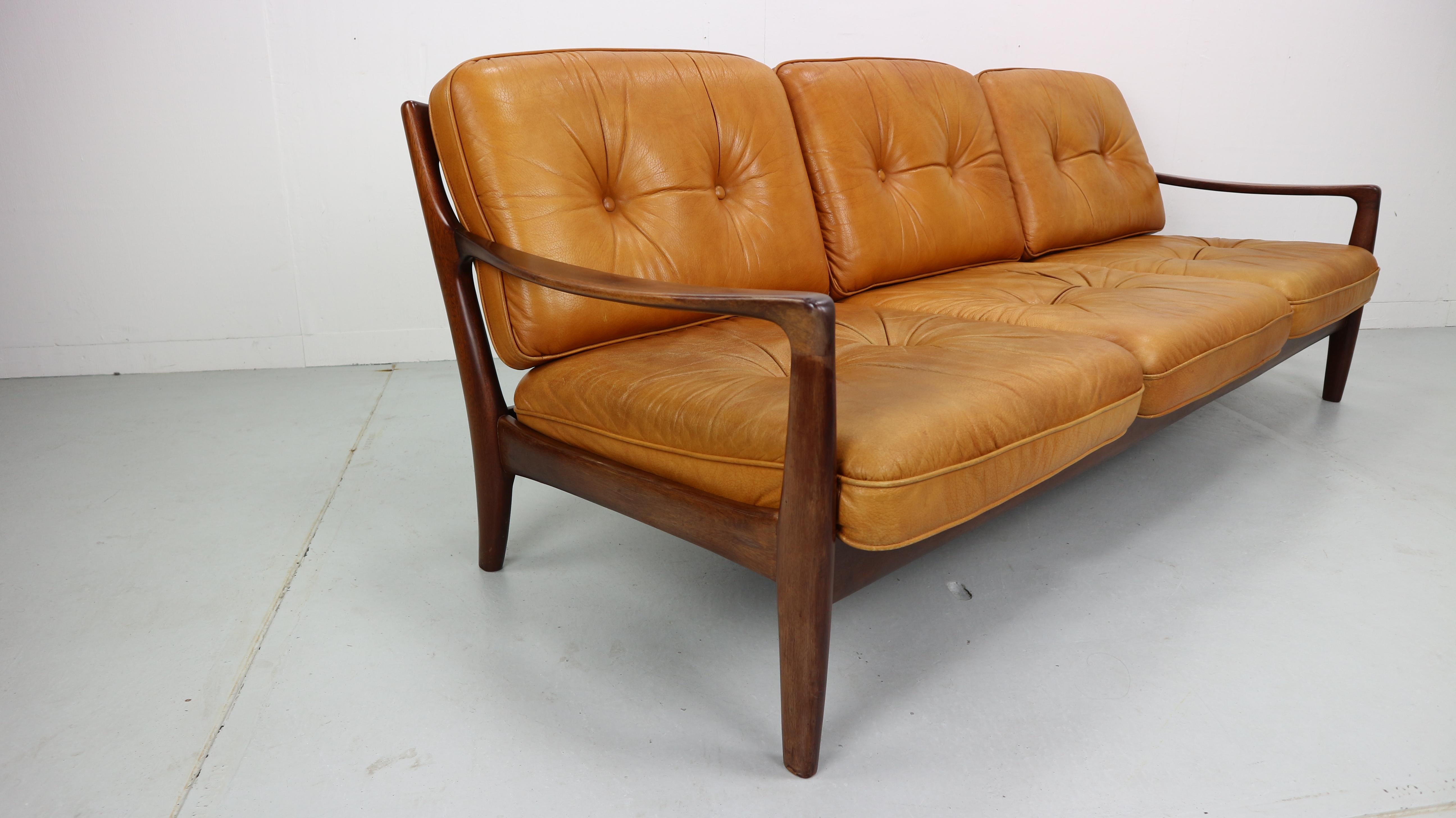 Mid-20th Century Vintage Cognac Leather Three-Seat Sofa, 1960s