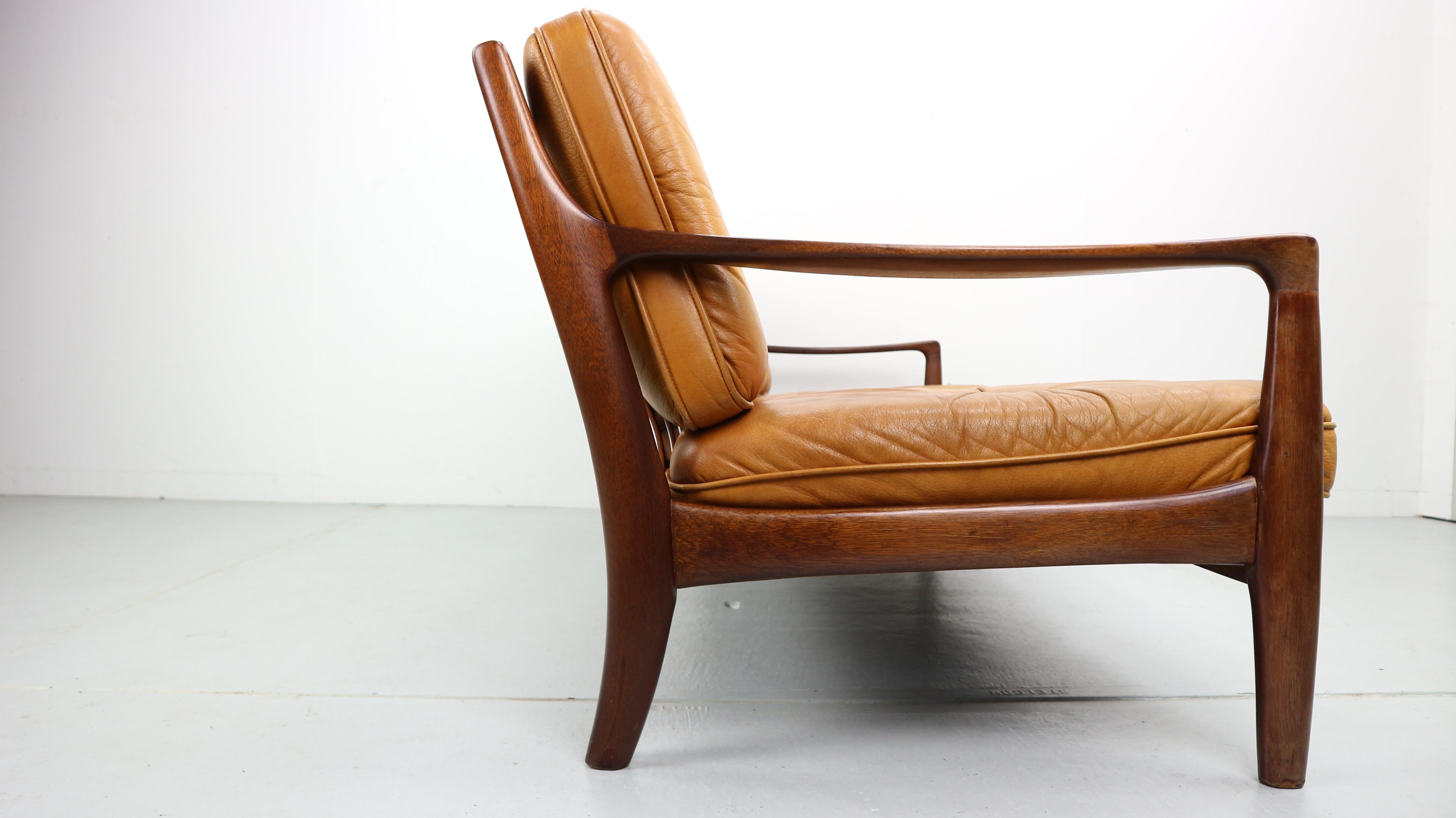 Vintage Cognac Leather Three-Seat Sofa, 1960s 2