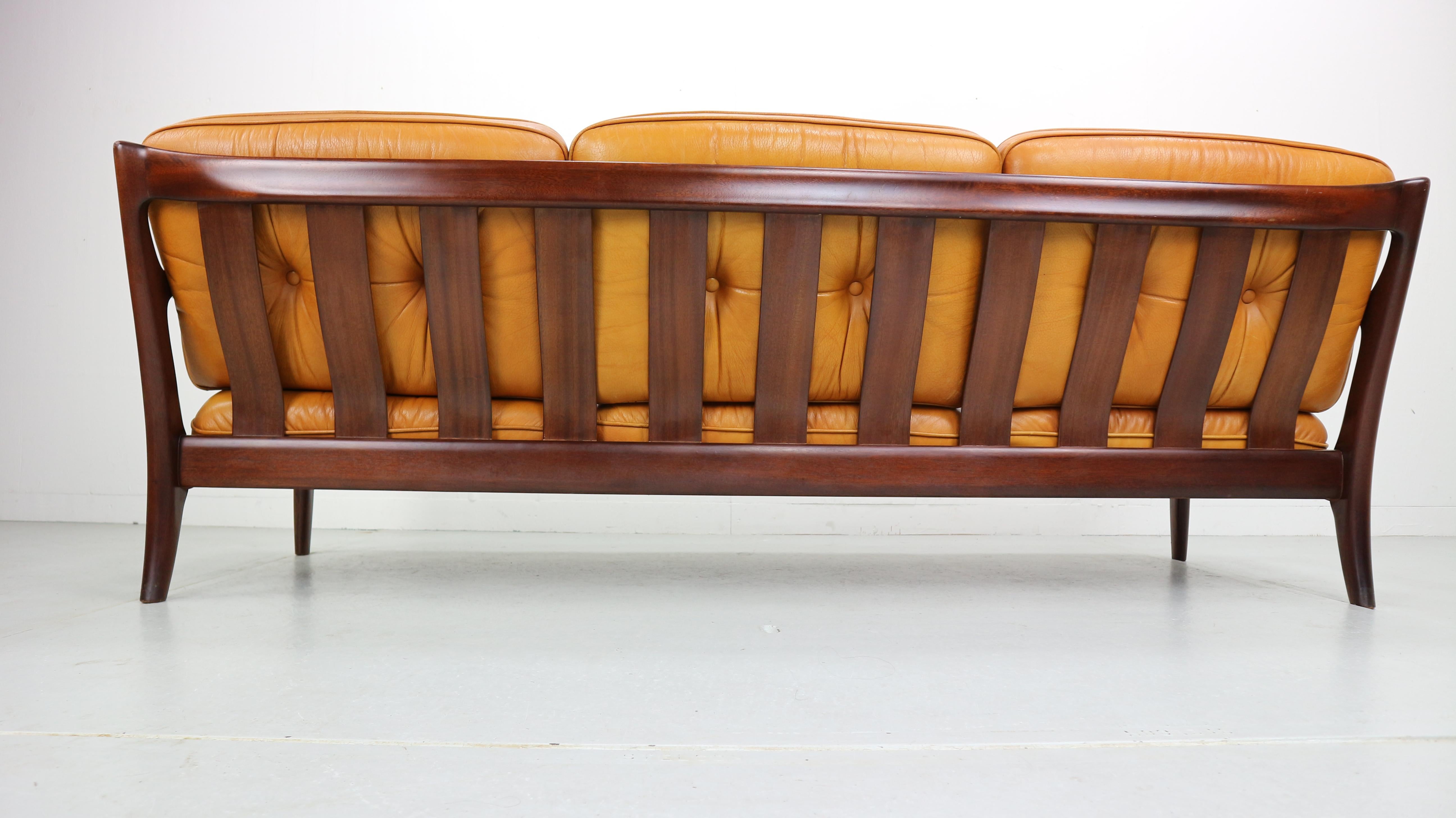 Vintage Cognac Leather Three-Seat Sofa, 1960s 3