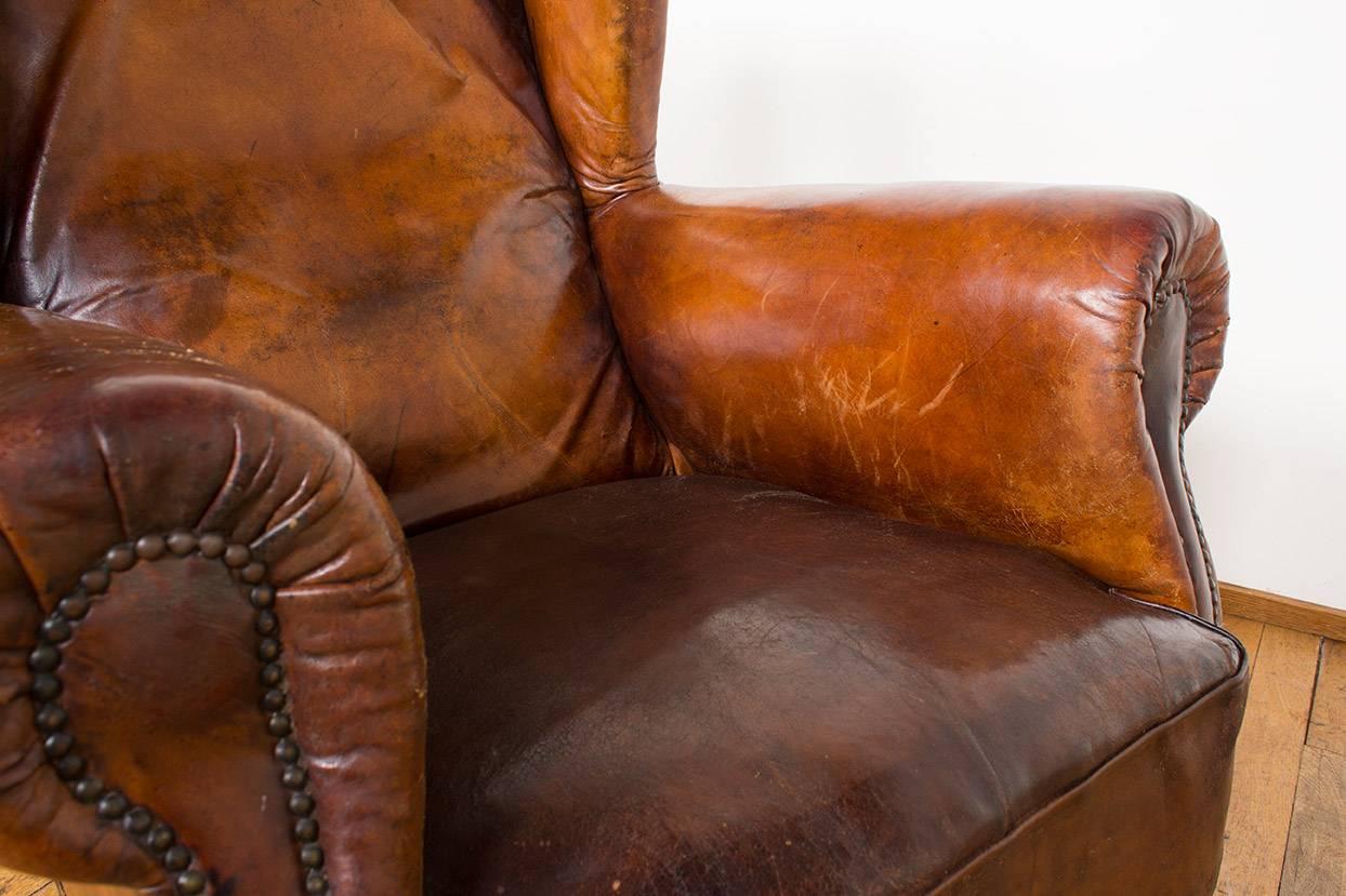 Vintage Cognac Leather Wing Back Club Chair 4
