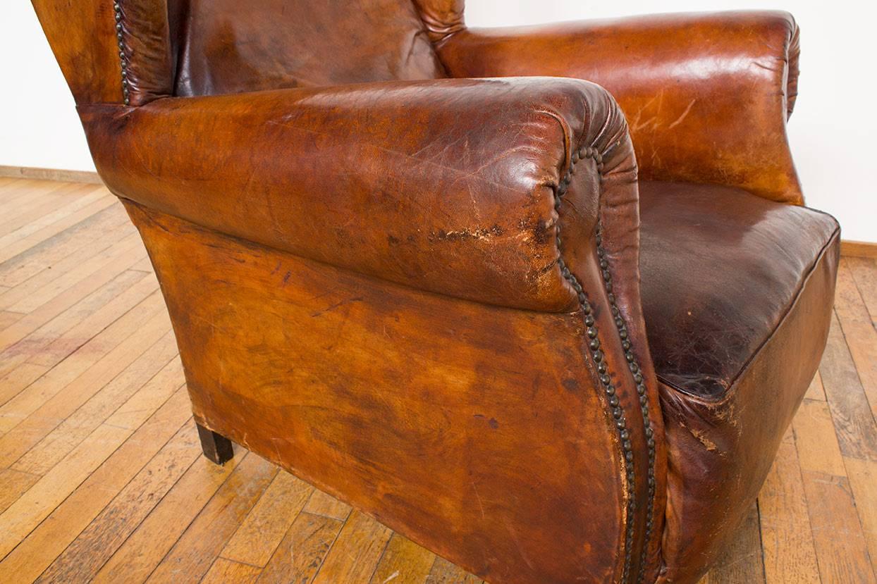 Vintage Cognac Leather Wing Back Club Chair 5
