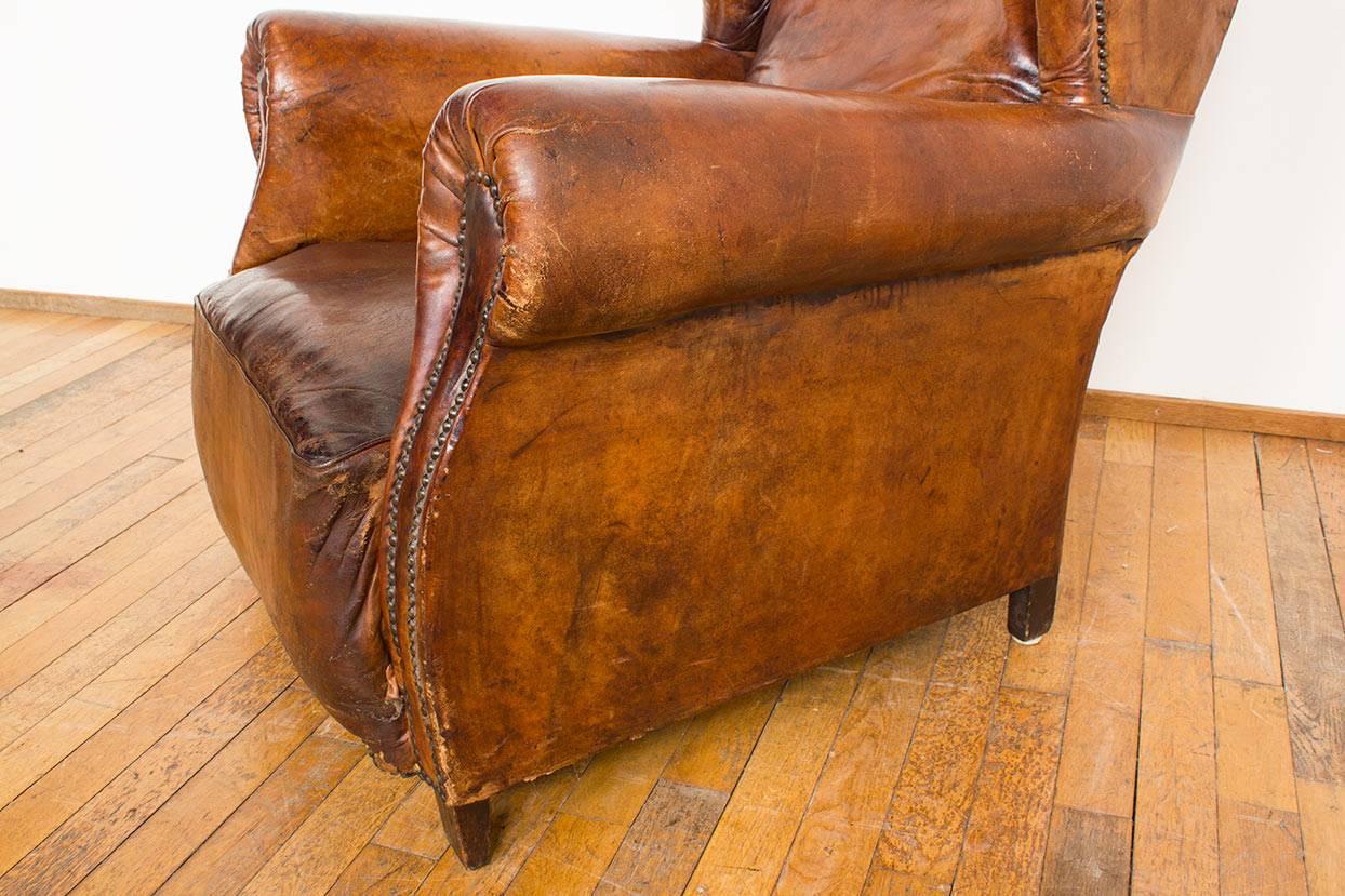 Vintage Cognac Leather Wing Back Club Chair 11