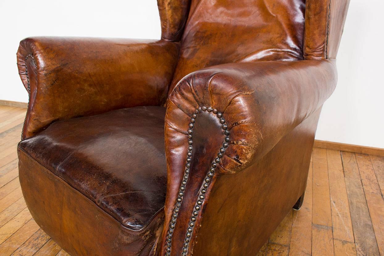 Vintage Cognac Leather Wing Back Club Chair 1