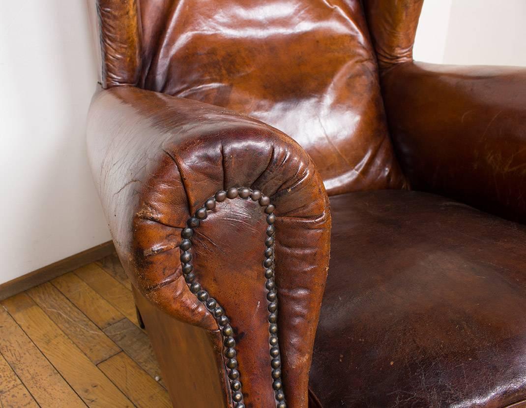 Vintage Cognac Leather Wing Back Club Chair 2
