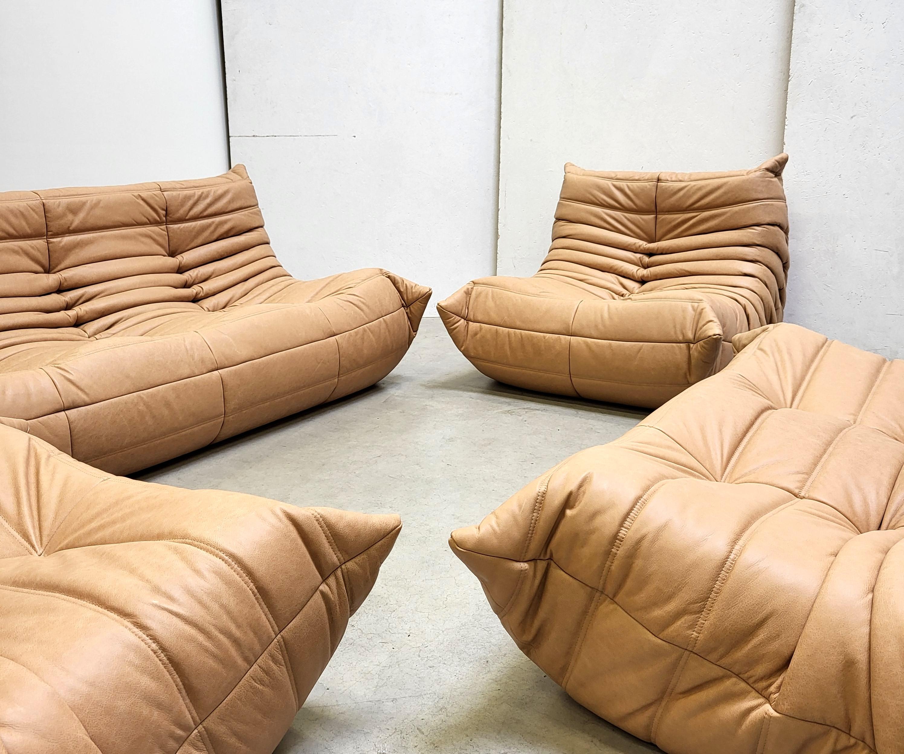 French Vintage Cognac Togo Seating Group Sofa by Michel Ducaroy for Ligne Roset 1973