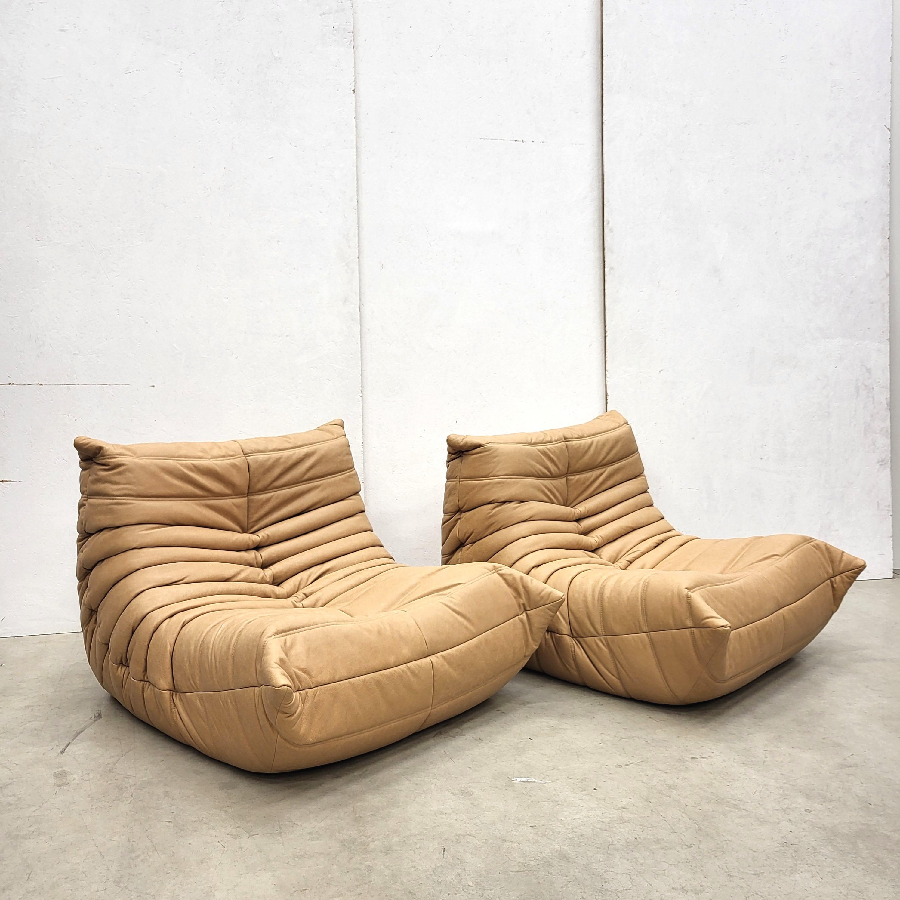 Cuir Canapé de groupe vintage en togo cognac de Michel Ducaroy pour Ligne Roset, 1973 en vente
