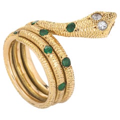 Vintage Coiled Snake Ring 18k Yellow Gold Diamond Eyes Emerald Serpent Jewelry 7