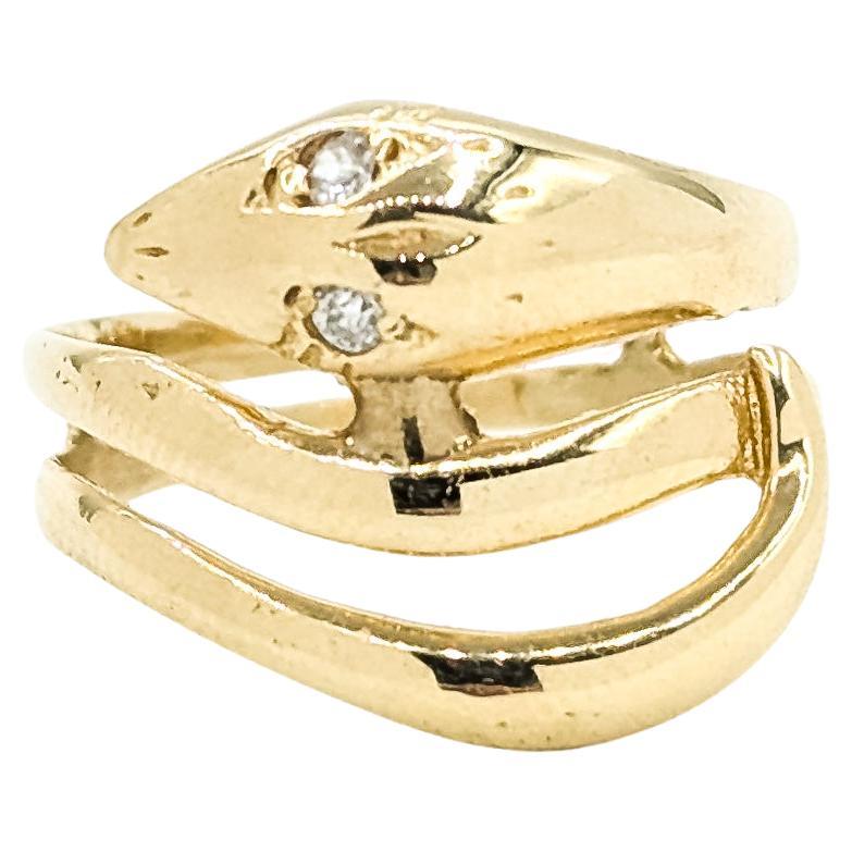 Vintage Coiled Snake Ring with Old Mine Cut Diamonds in 14k Yellow Gold