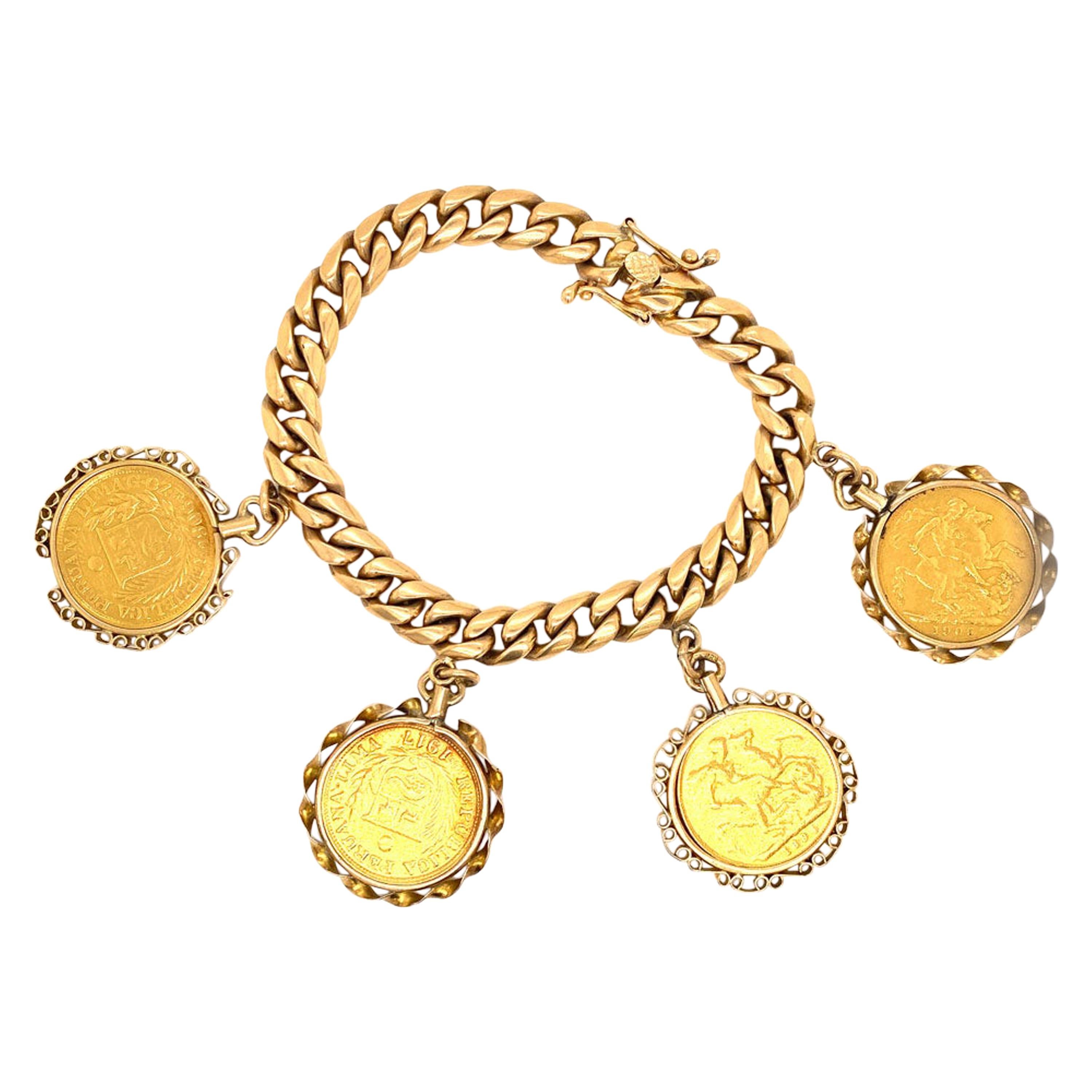 Vintage Coin Charm Bracelet 18 Karat Yellow Gold Bracelet