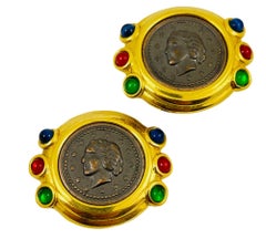 Vintage coin gold emerald ruby sapphire glass cabochon designer runway clip on e