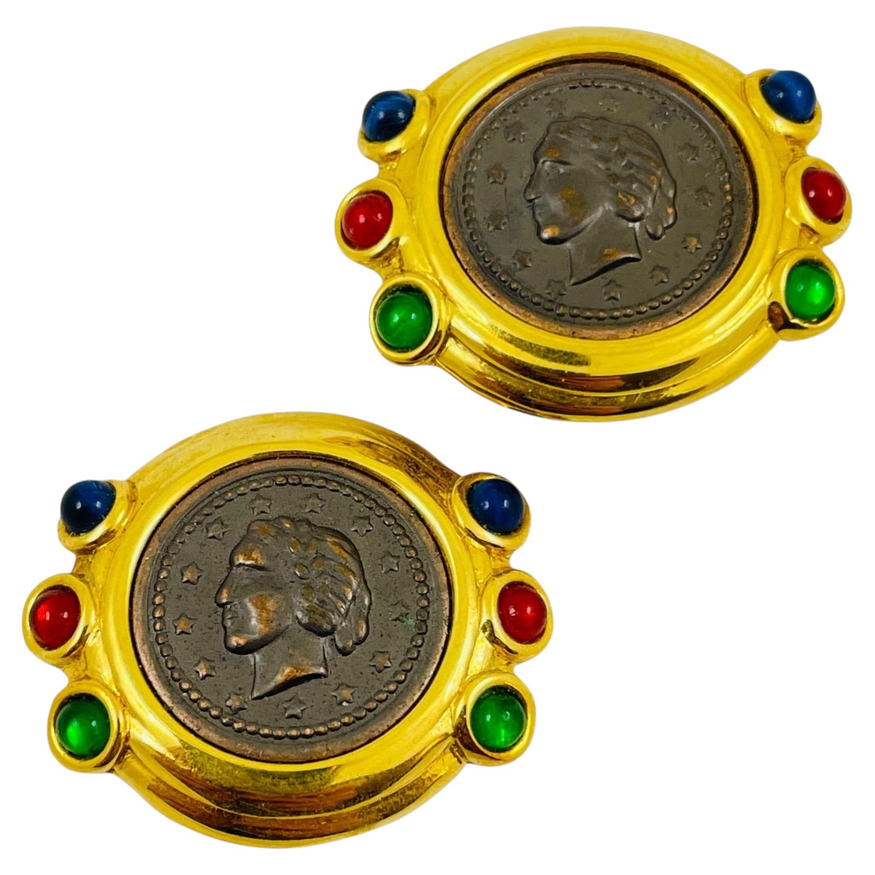 Vintage coin gold emerald ruby sapphire glass cabochon designer runway clip on e