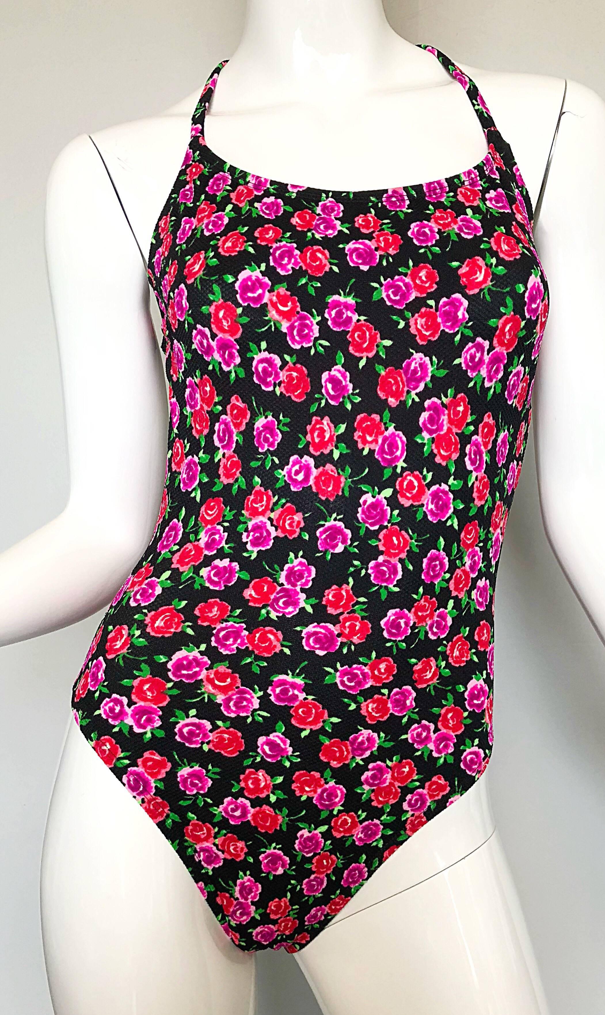 Black Vintage Cole of California 1980s Pink Red Rose Print One Piece Swimsuit Bodysuit For Sale