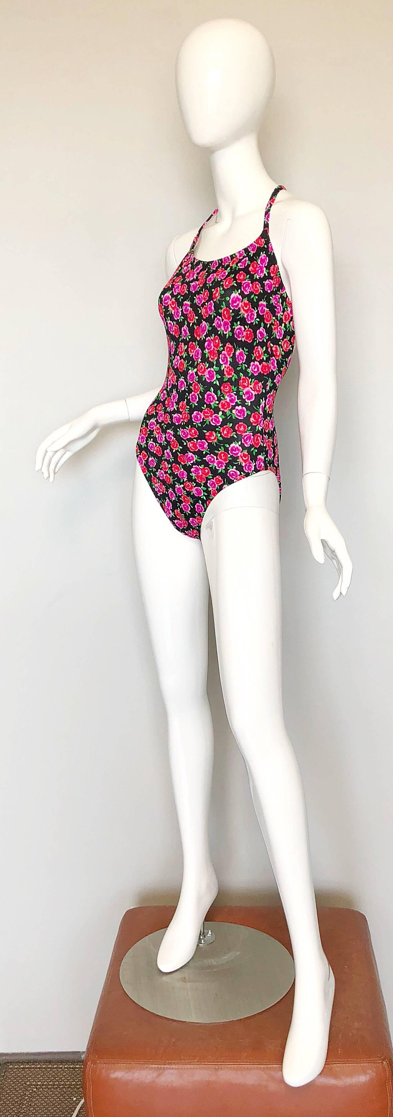 Women's Vintage Cole of California 1980s Pink Red Rose Print One Piece Swimsuit Bodysuit For Sale