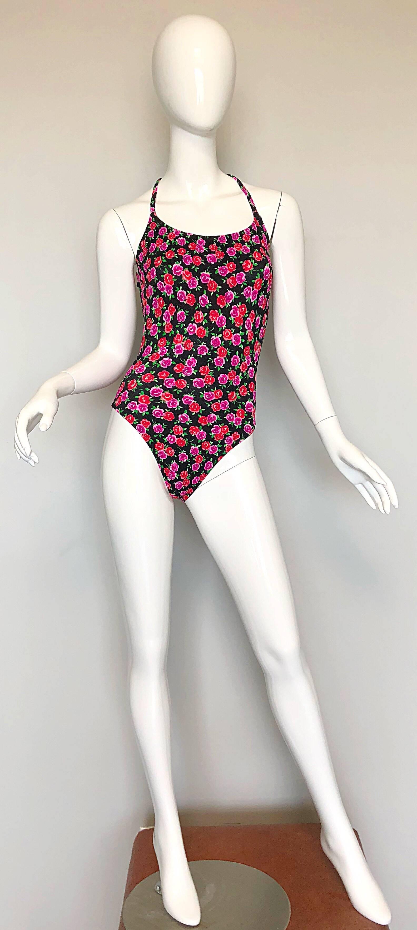 Vintage Cole of California 1980s Pink Red Rose Print One Piece Swimsuit Bodysuit For Sale 1