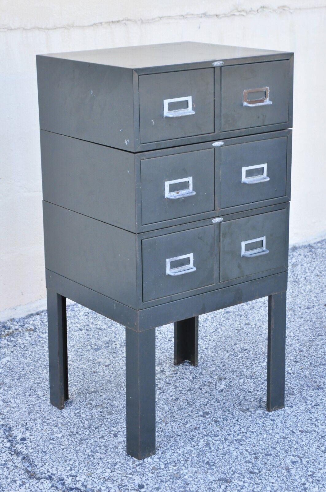 Vintage Cole Steel industrial steel metal gray stacking work file card cabinet. Item features a metal frame, 6 drawers, 4 part construction, quality American craftsmanship, great style and form. Circa mid 20th century. Measurements: 36.5