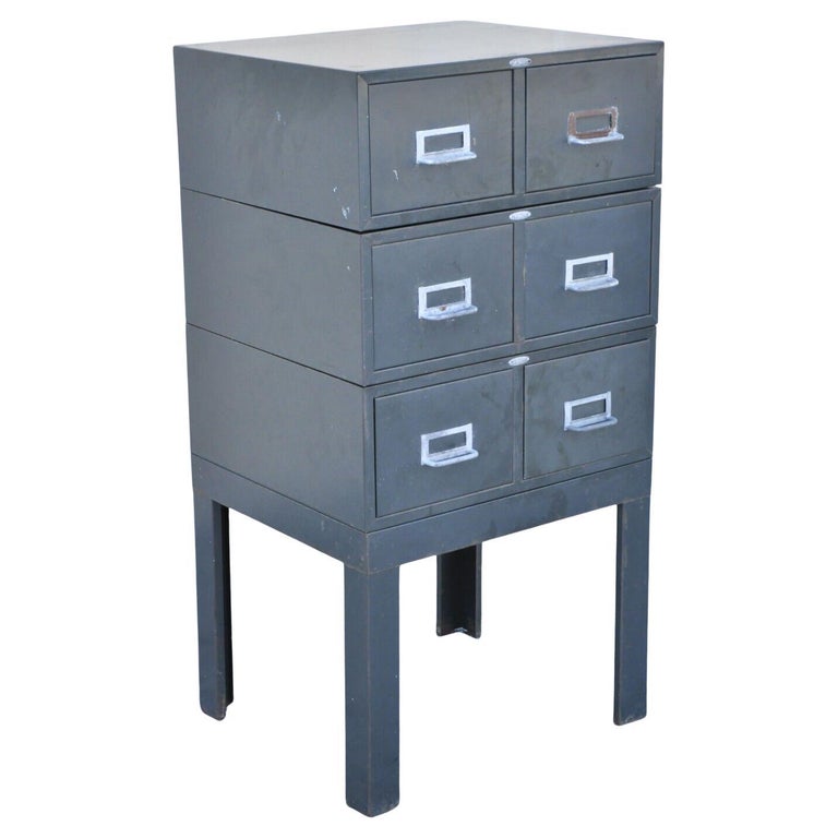 original freestanding salvaged chicago antique american four-unit stackable  filing cabinet with original dark green enameled finish