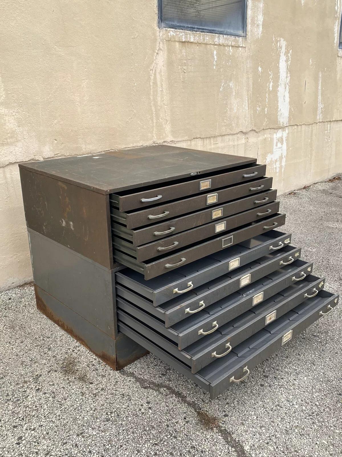 Archivador plano apilable vintage Cole Steel Metal Industrial con 10 cajones en venta 9