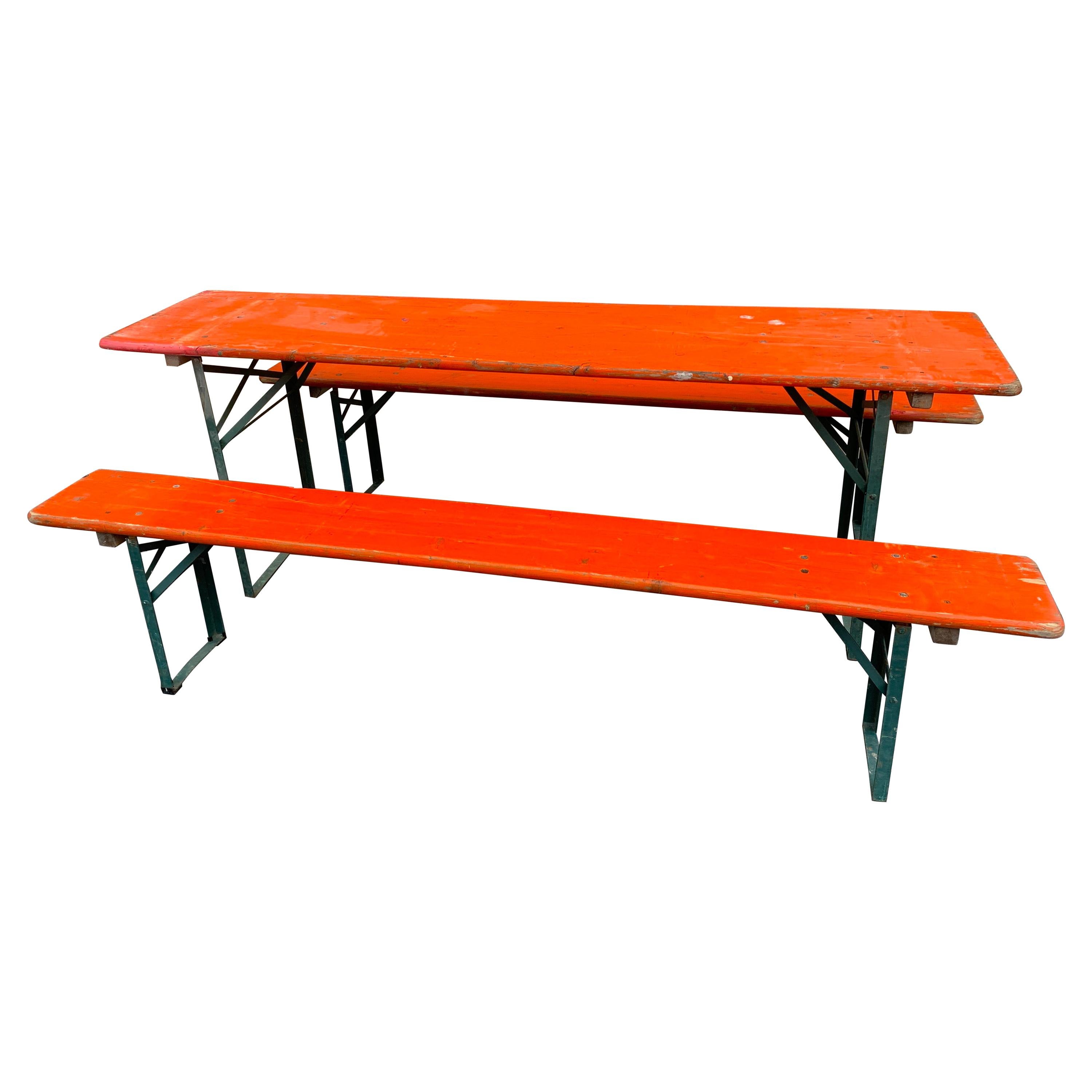 Vintage Collapsable German Beer Garden Table and Bench Set, in Orange