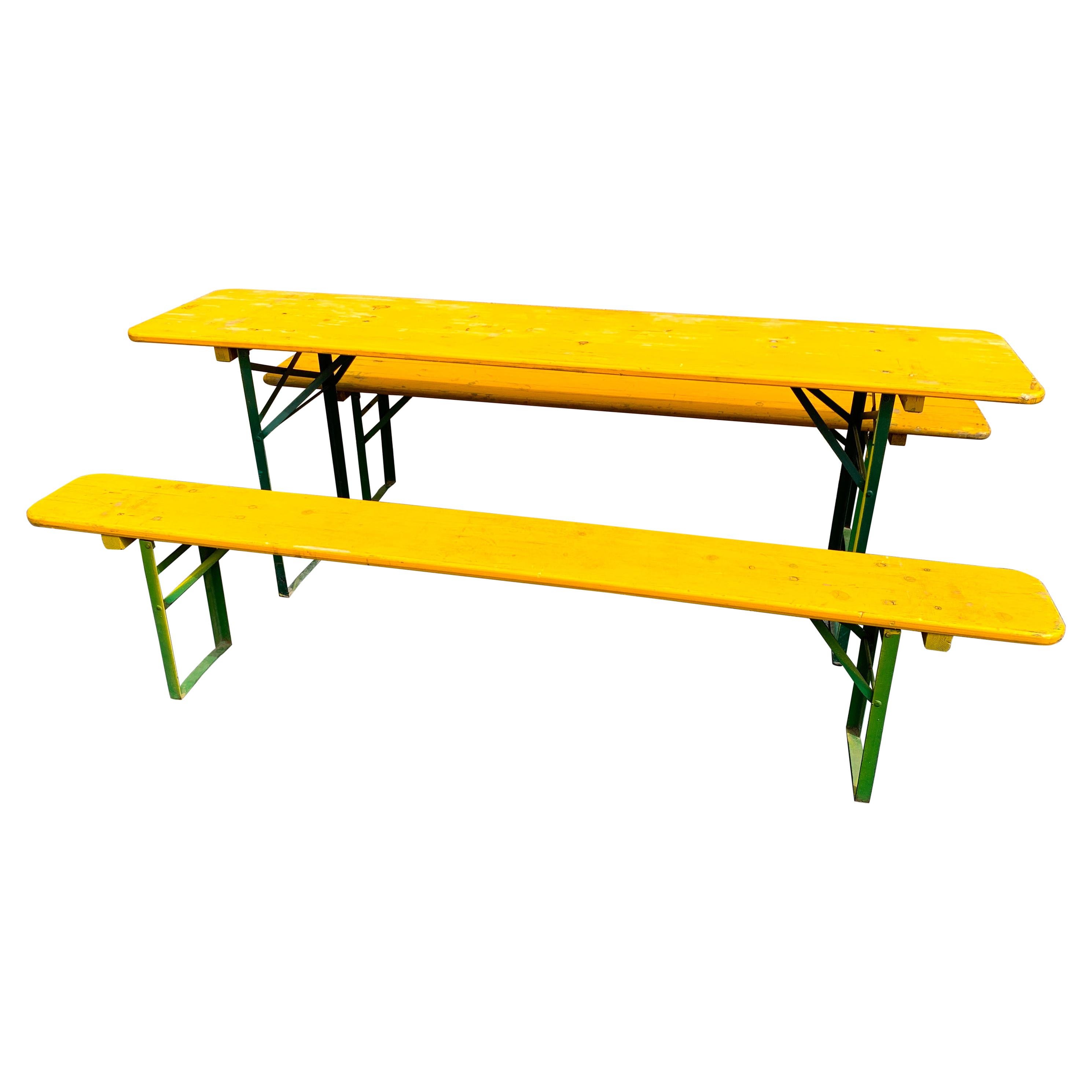 Vintage Collapsable German Beer Garden Table and Bench Set, in Yellow