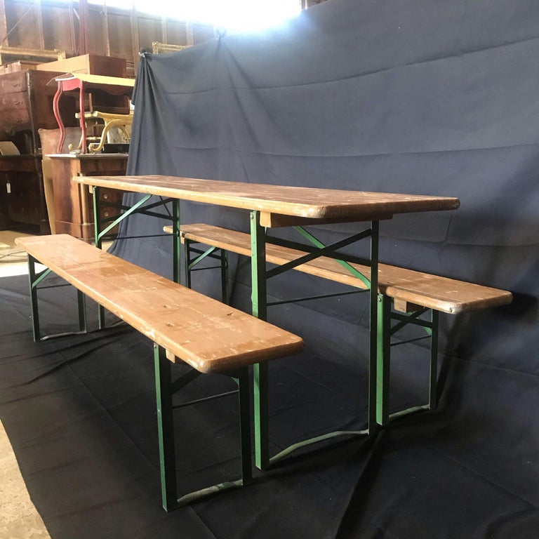 Vintage Collapsible German Beer Garden Table and Bench Set For Sale at