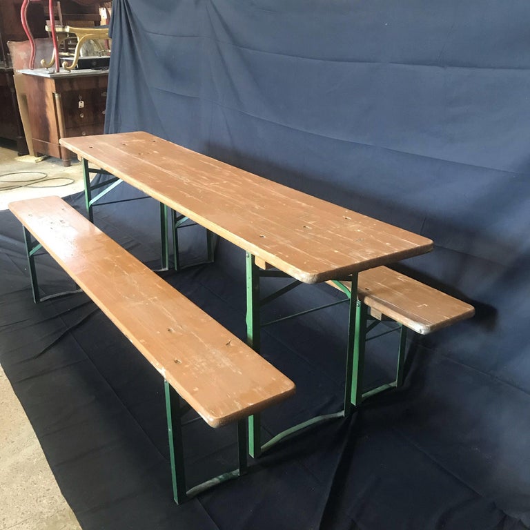 Vintage Collapsible German Beer Garden Table and Bench Set For Sale at