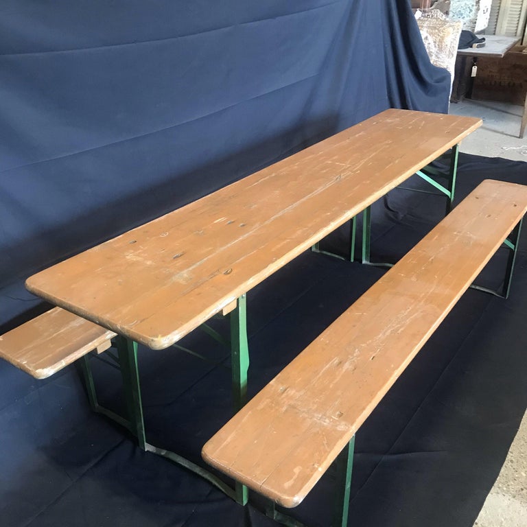 Vintage Collapsible German Beer Garden Table and Bench Set For Sale at