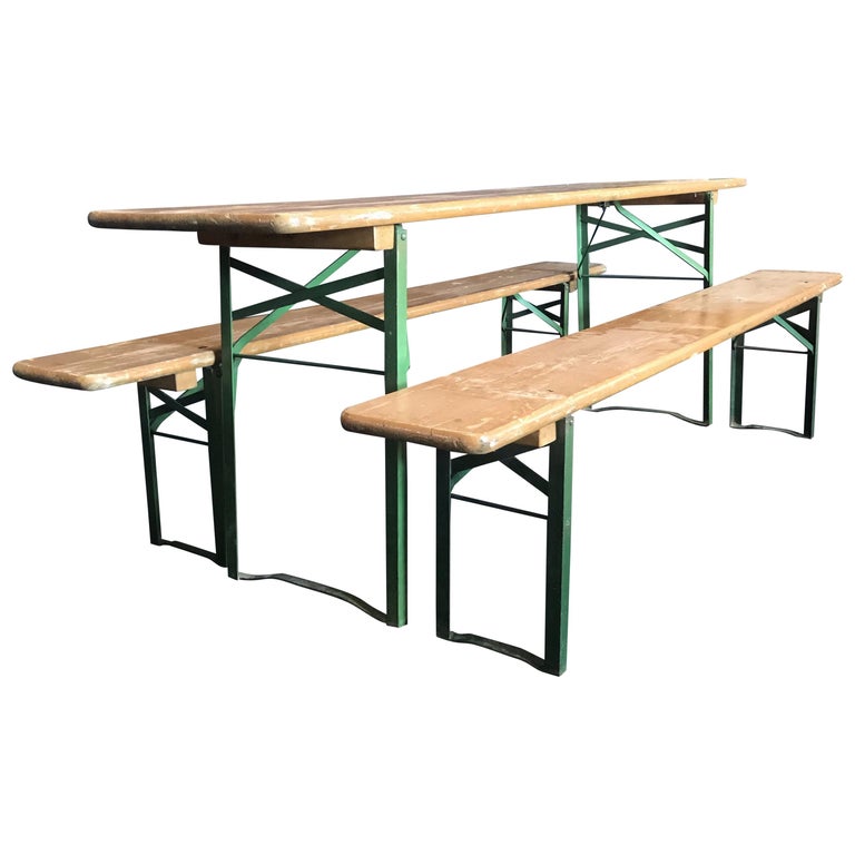 Vintage Collapsible German Beer Garden Table and Bench Set For Sale at