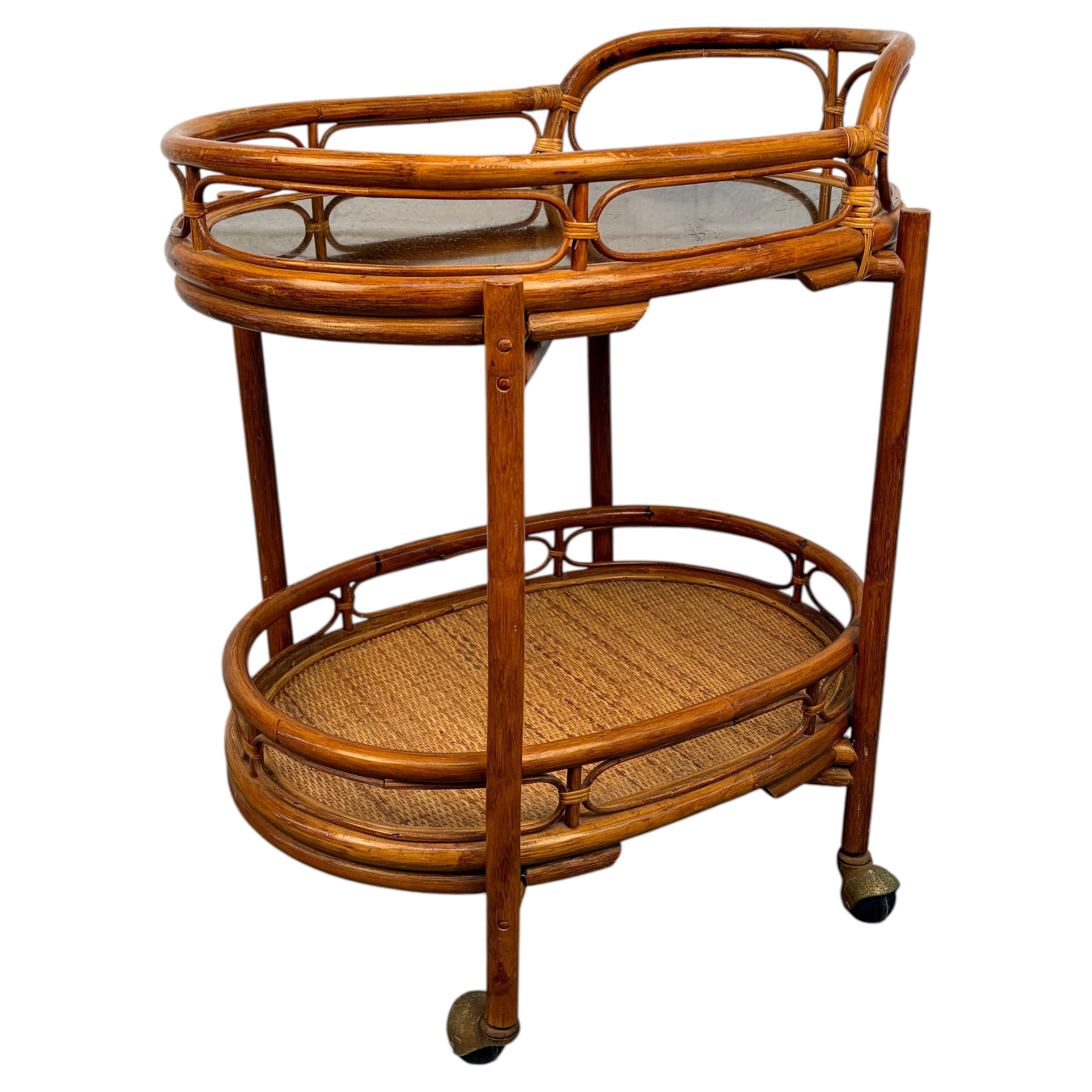 Vintage Collapsible Rattan and Bamboo Bar Cart