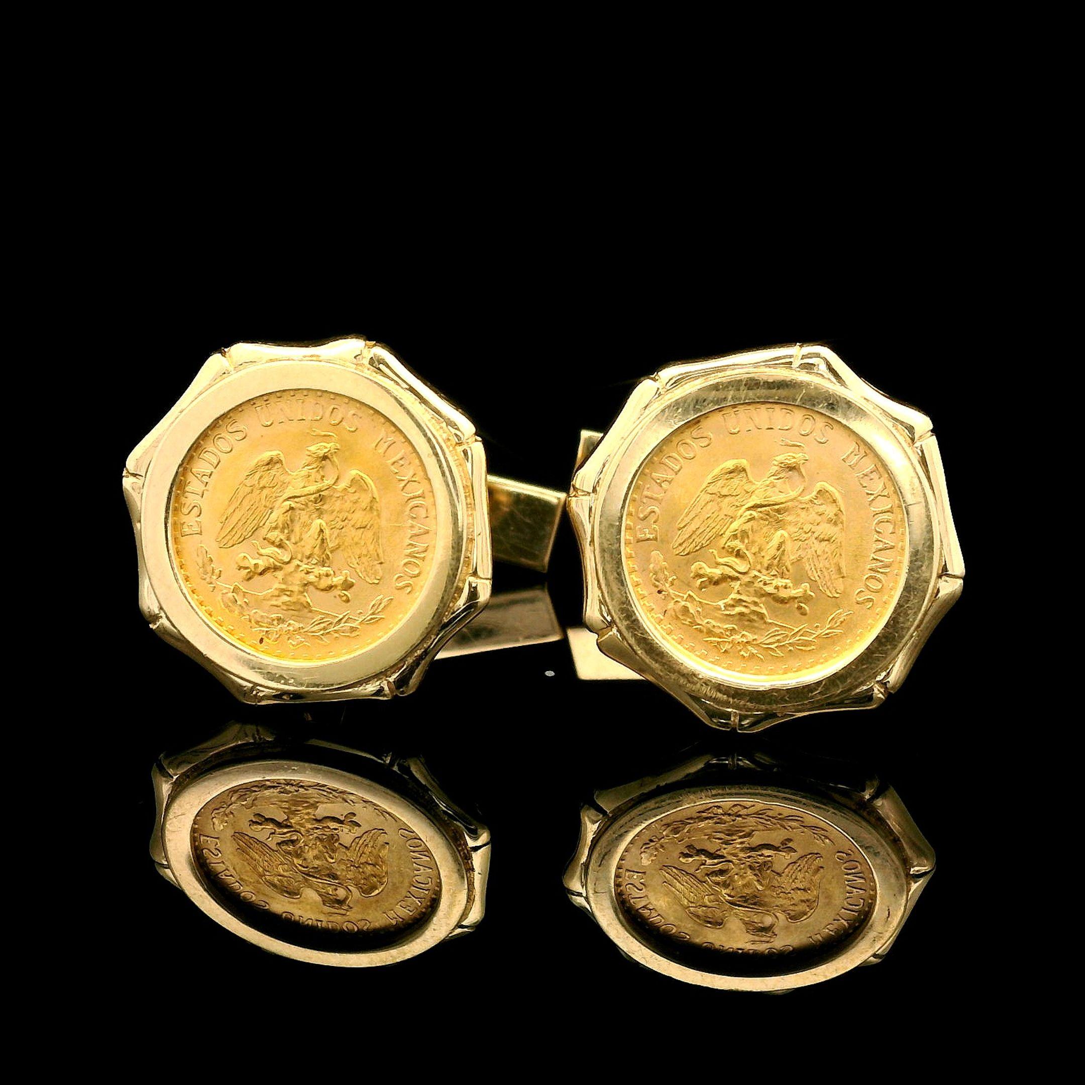Material: 20k Yellow Gold Coins - 14k Yellow Gold Frames & Backings
Weight: 11.6 Grams
Panel Dimensions: 16.8x16.6mm (approx.)
Backing: Swivel back
Clearance: 14.3mm (approx.)
Condition: Vintage, shows some wear. Excellent physical condition.
Stock