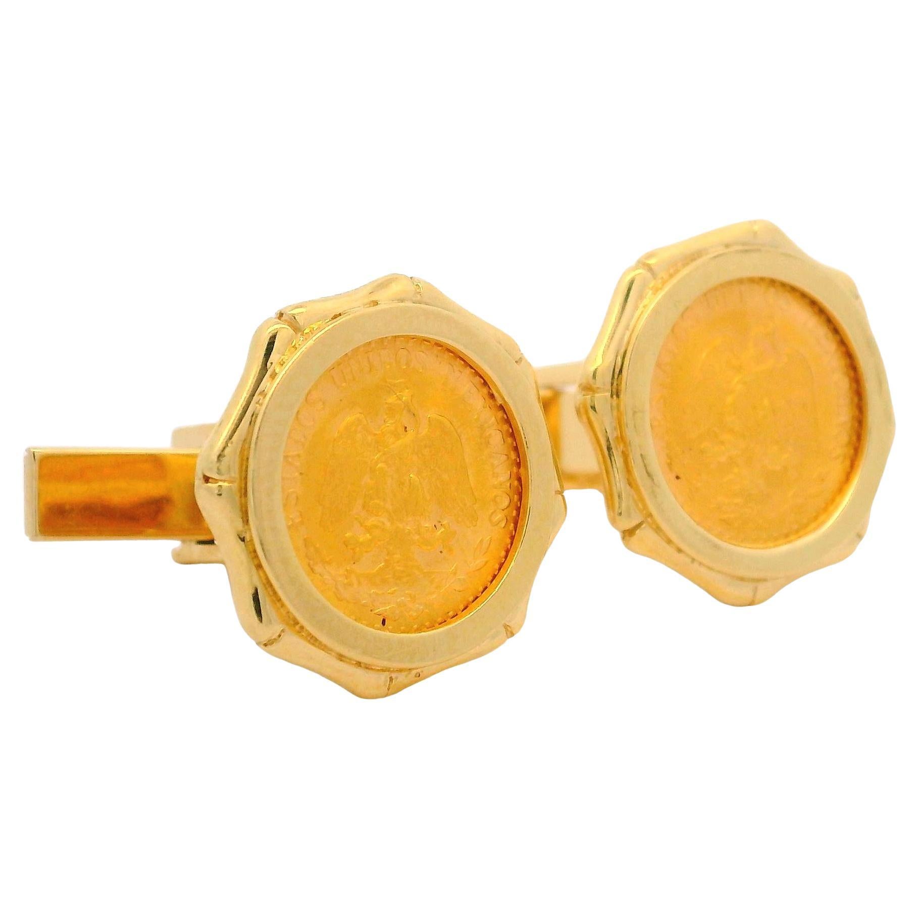 Vintage Collectable 20k Yellow Gold Estados Unidos Mexcanos Dos Pesos Cufflinks For Sale