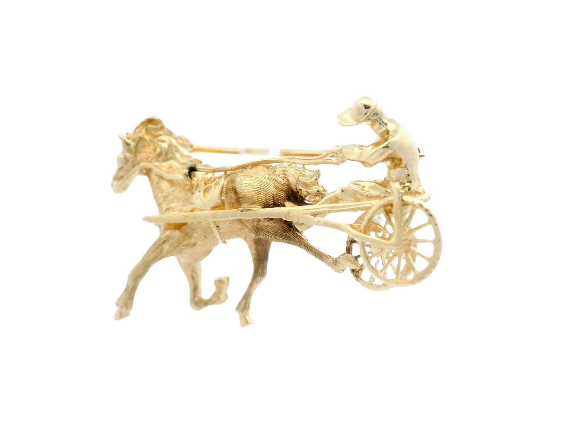 Women's Vintage Collectible 14K Gold Long Detailed Jockey Horse Harness Racing Brooch For Sale