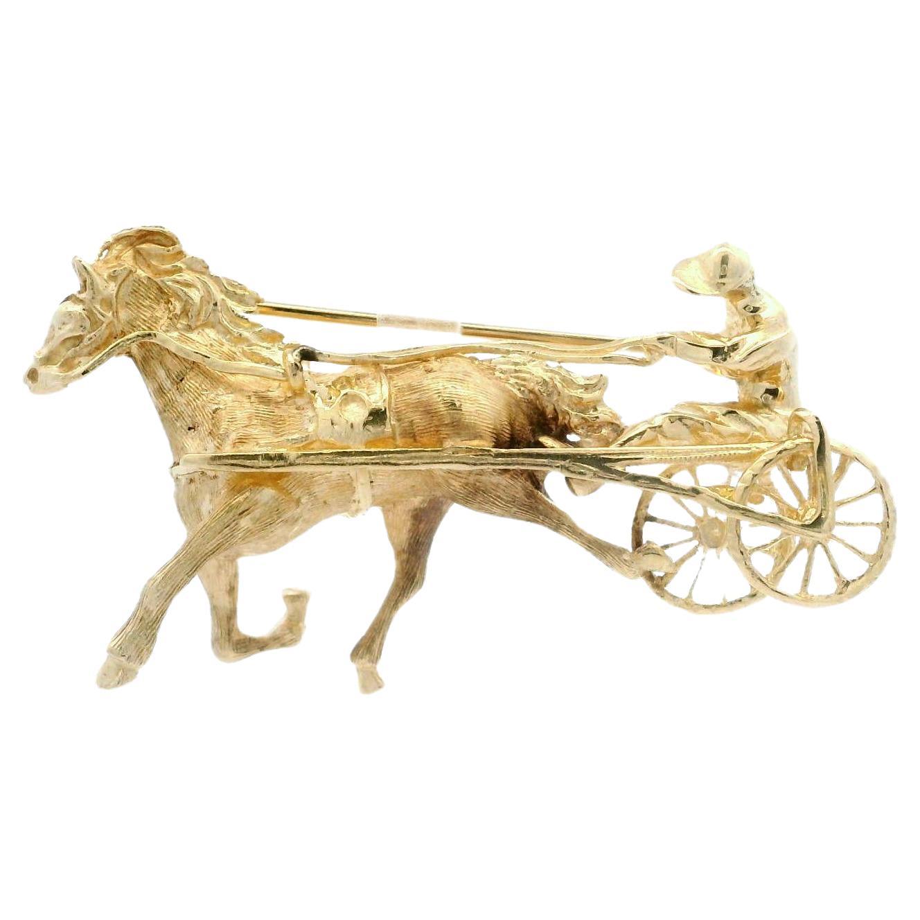 Vintage Collectible 14K Gold Long Detailed Jockey Horse Harness Racing Brooch For Sale