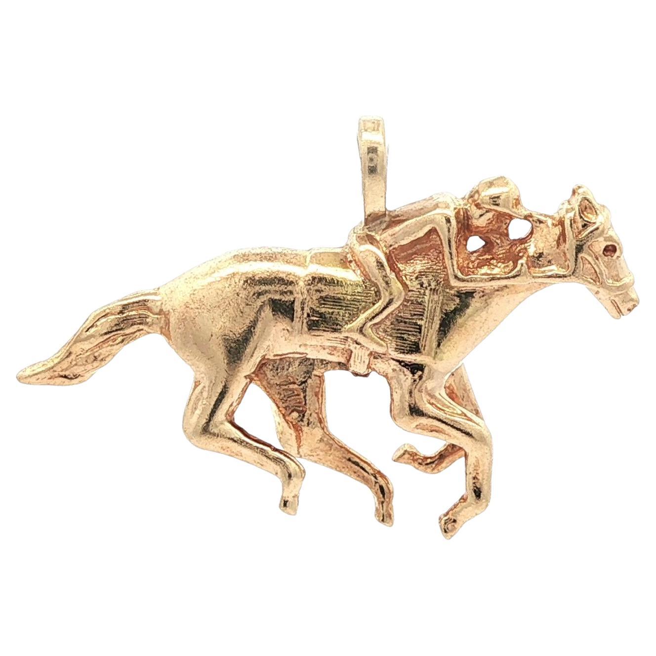 Pendentif de collection vintage en or jaune 14k avec breloque cheval et jockey