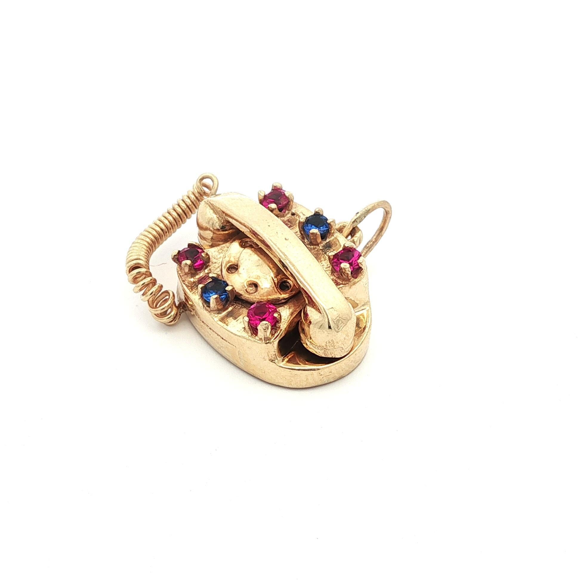 Vintage Collectible Gold Blau & Rosa Steine 1960's Telefon Charm Anhänger Damen im Angebot