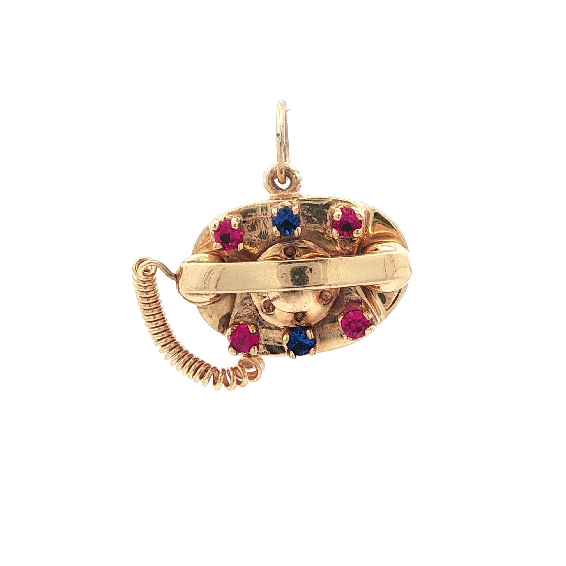 Vintage Collectible Gold Blau & Rosa Steine 1960's Telefon Charm Anhänger im Angebot 3