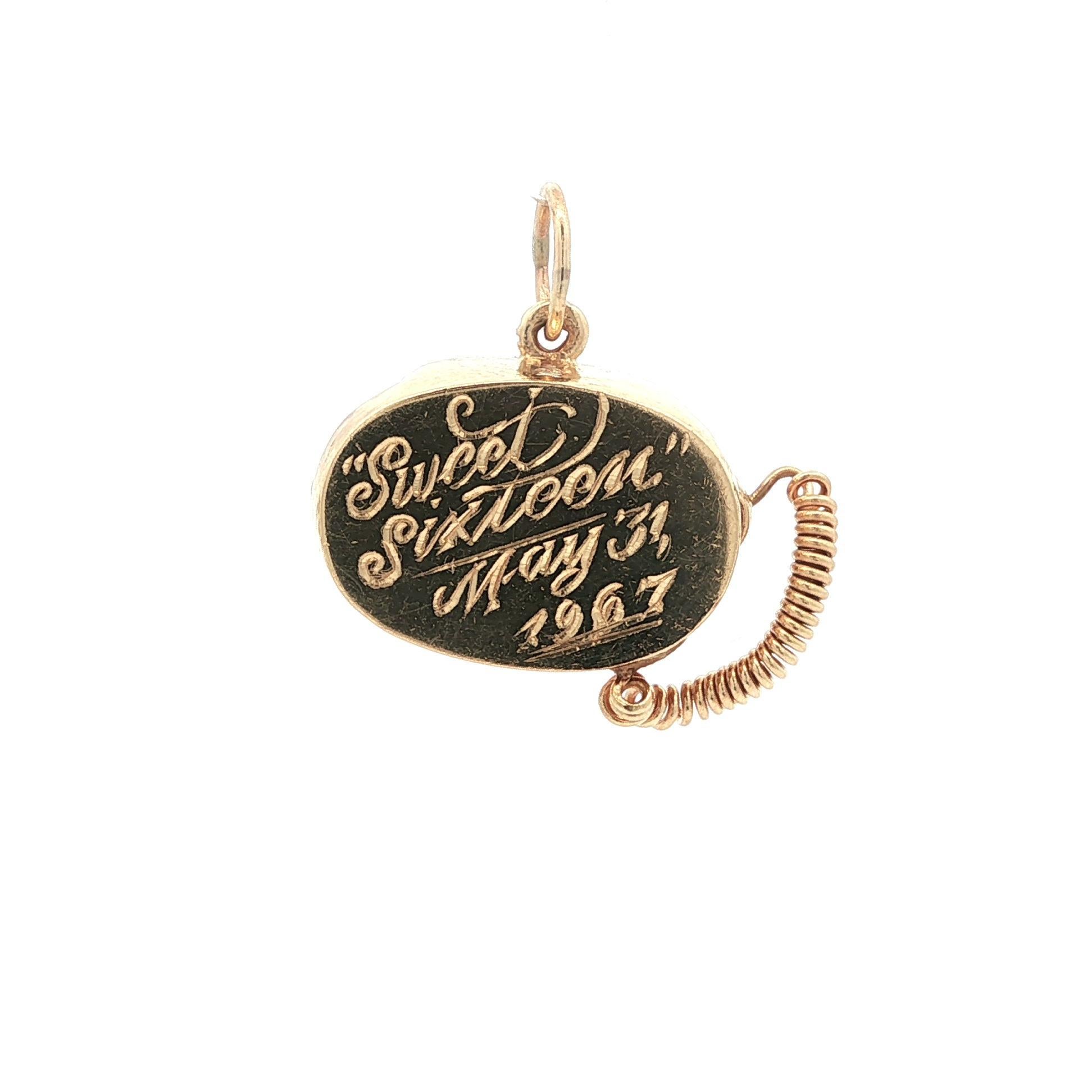 Vintage Collectible Gold Blau & Rosa Steine 1960's Telefon Charm Anhänger im Angebot 4