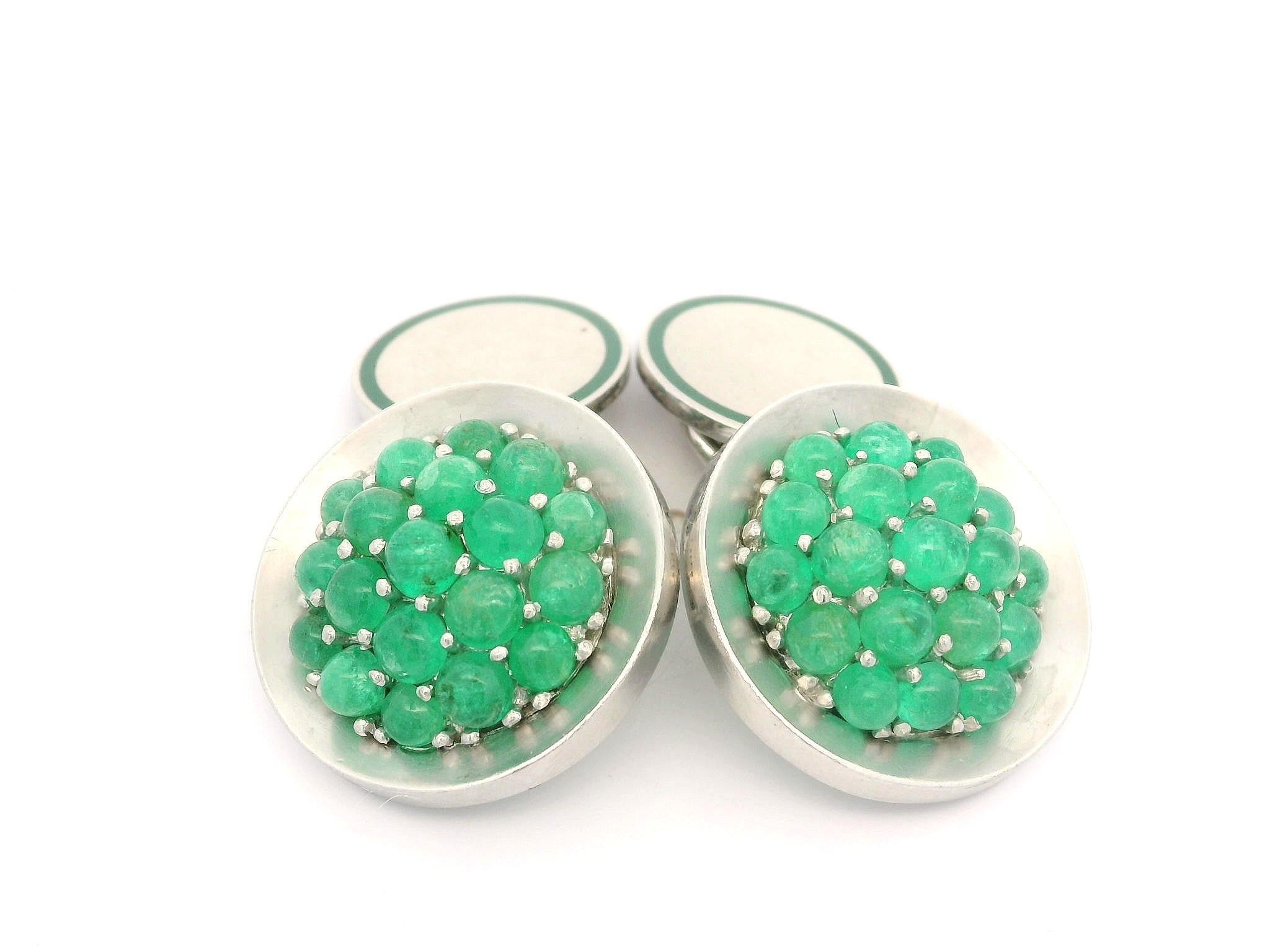 Boutons de manchette vintage de collection en or et platine avec émeraude cabochon et émail en vente 5