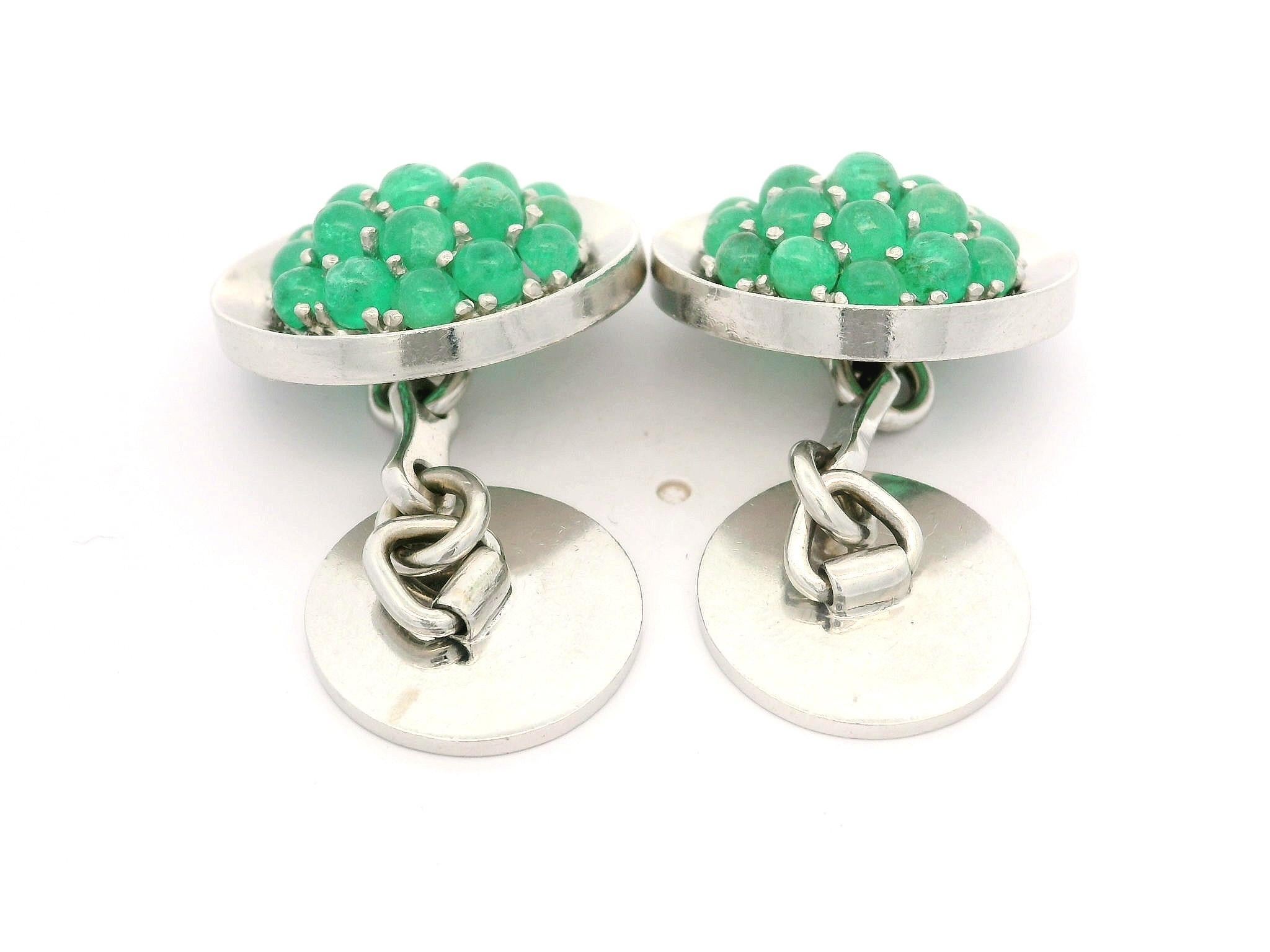 Taille cabochon Boutons de manchette vintage de collection en or et platine avec émeraude cabochon et émail en vente