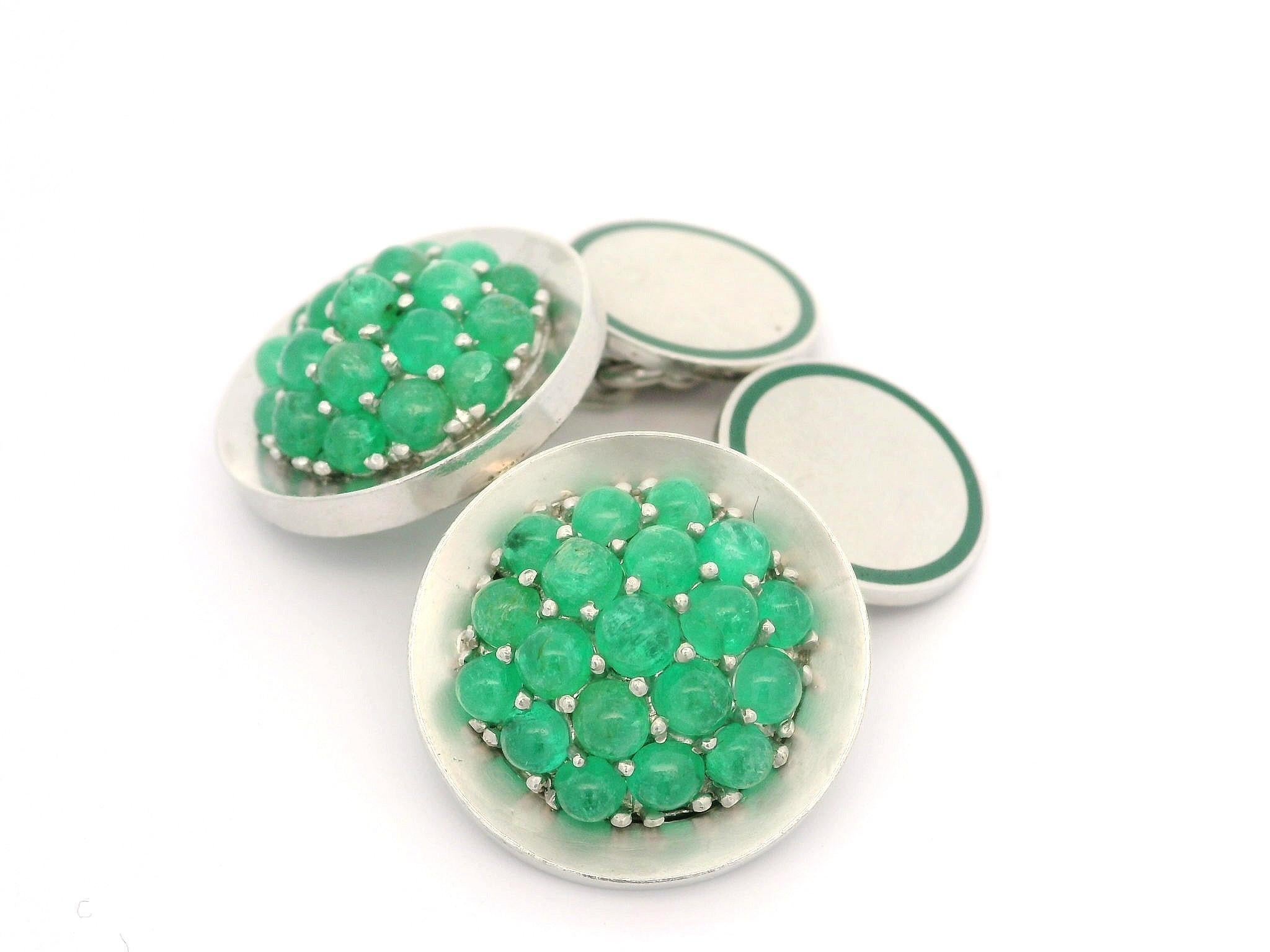 Boutons de manchette vintage de collection en or et platine avec émeraude cabochon et émail en vente 1