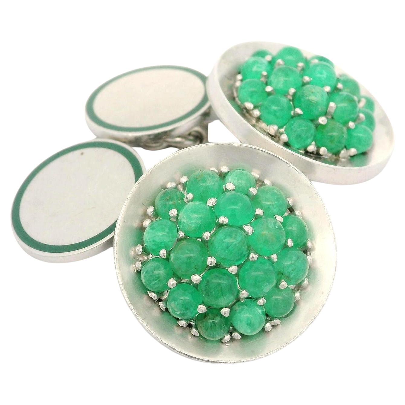 Boutons de manchette vintage de collection en or et platine avec émeraude cabochon et émail en vente