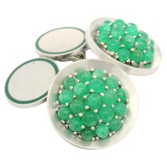 Vintage Collectible Gold & Platin Cabochon Emerald Cluster w / Emaille Manschettenknöpfe