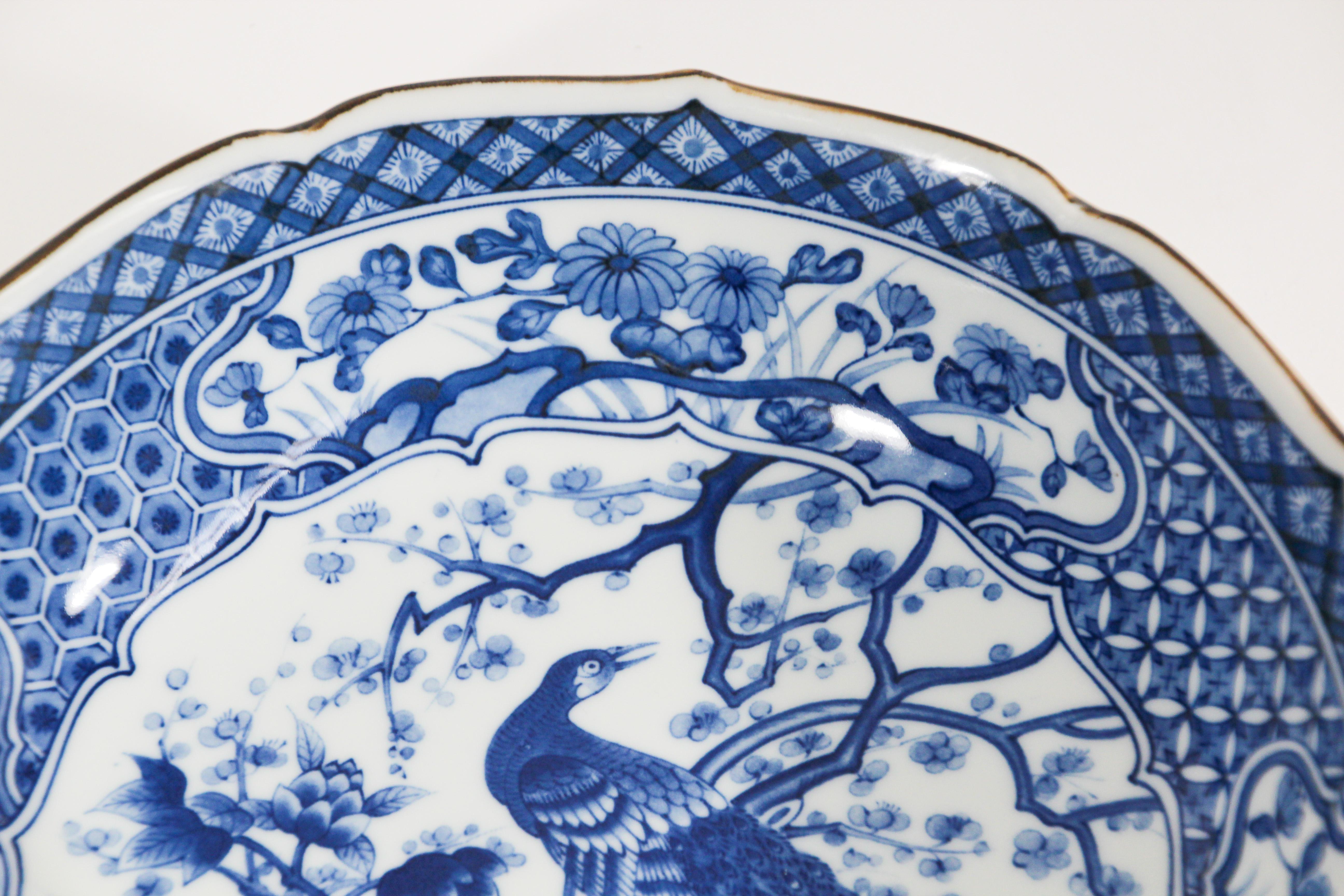 Large Blue and White Porcelain Peacock Bowl Vintage Collectible Japan For Sale 2